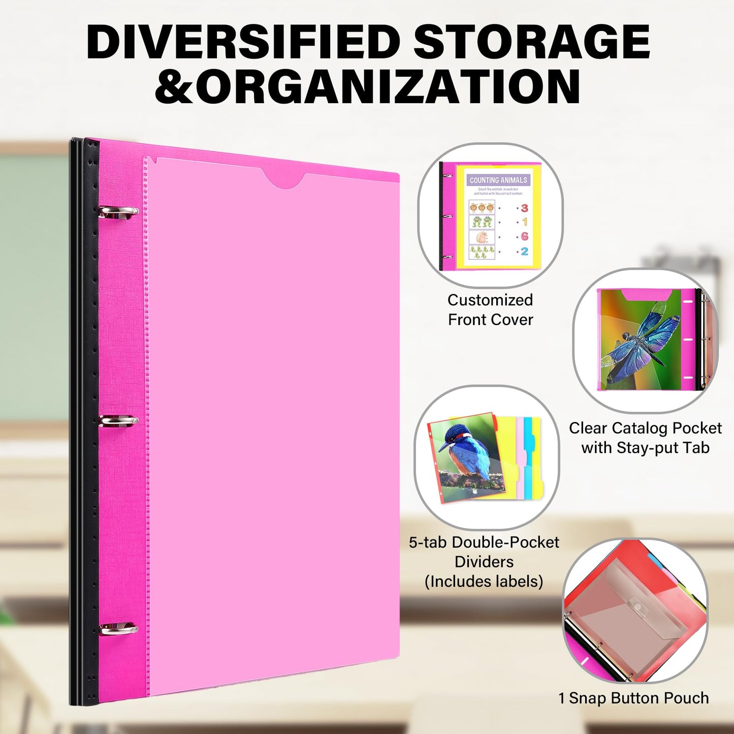 WOT I Telescoping Project Organizer, Refillable Binder with Dividers and Pockets, 13 Pocket Folders, 1 Inch 3 Ring Binder, Pink