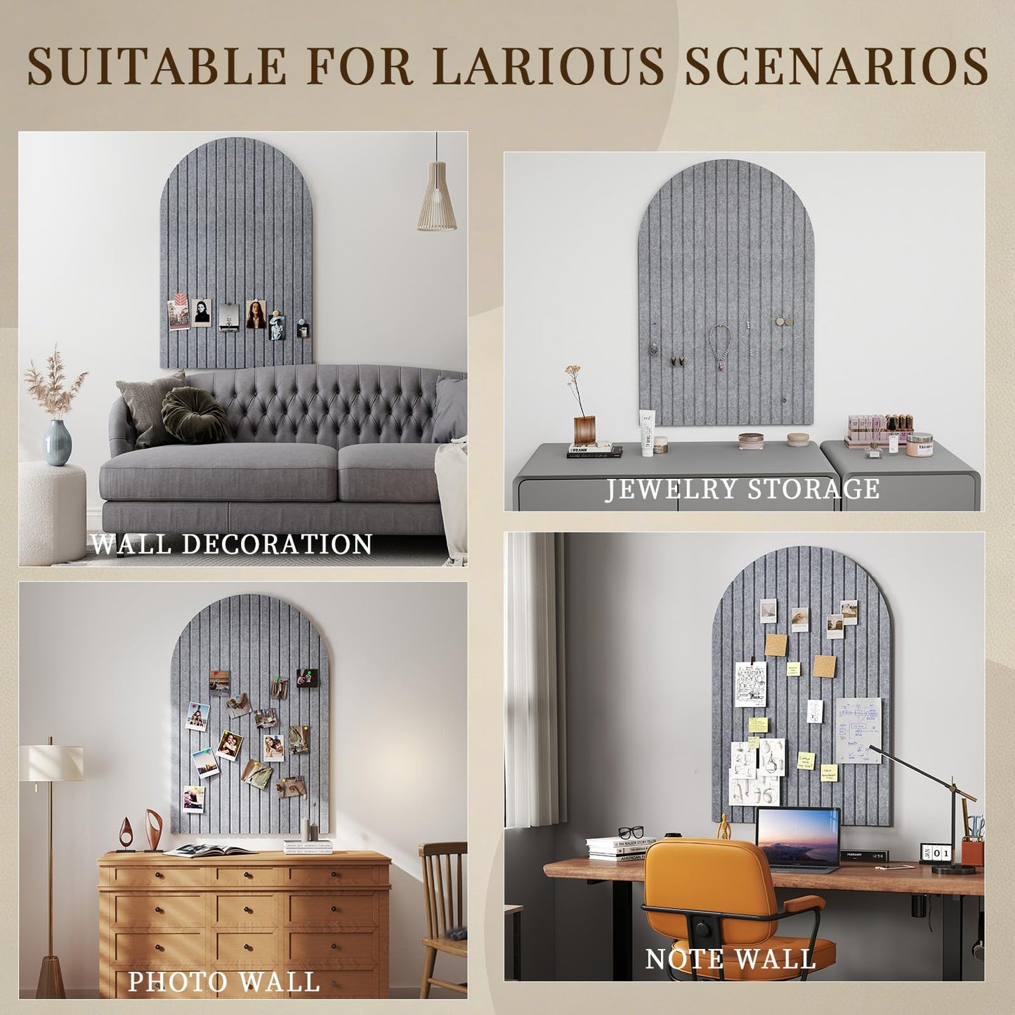 JBER Large Arched Felt Bulletin Board 36" x 24" - 6 Pack Felt Wall Tiles, Cork Board Alternative to Use in Office & Home Decor, Classroom Decor, Vision Board to Display Your Photos(Light Gray)