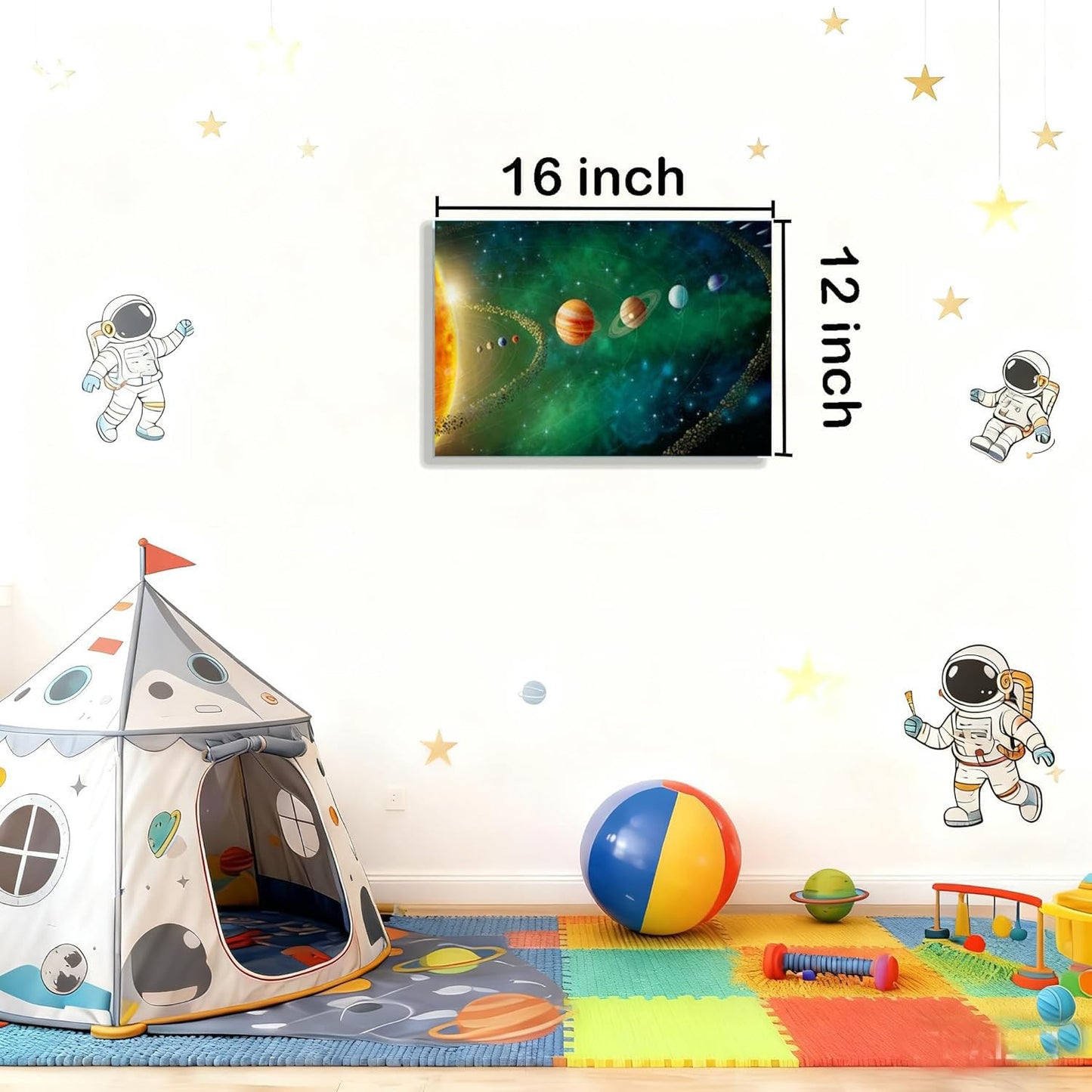 12x16 Framed Solar System Space Canvas Wall Art Green Galaxy Planets Astronomical Decor Kids Bedroom Cosmic Wall Pictures Teen Boy Room Universe Galaxy Poster Child Office Study Room Art Prints