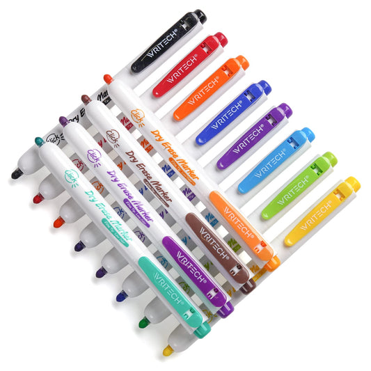 WRITECH Retractable Dry Erase Markers: Fine Tip Assorted Color Low Odor Multi Colored Set Refillable Clickable Multicolor Thin Point Whiteboard Marker Bulk 12ct No Bleed Smear