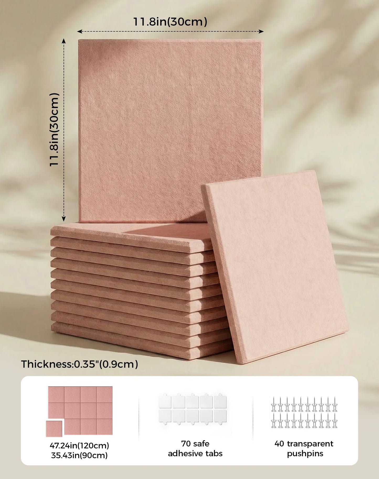 Aothia 12-Pack Felt Bulletin Board Tiles for Walls - 48x36 Modular Bulletin Board, Cork Board Alternative Pin Board for Office & Classroom, 70 Adhesive Tabs & 40 Push Pins Included (Pink)