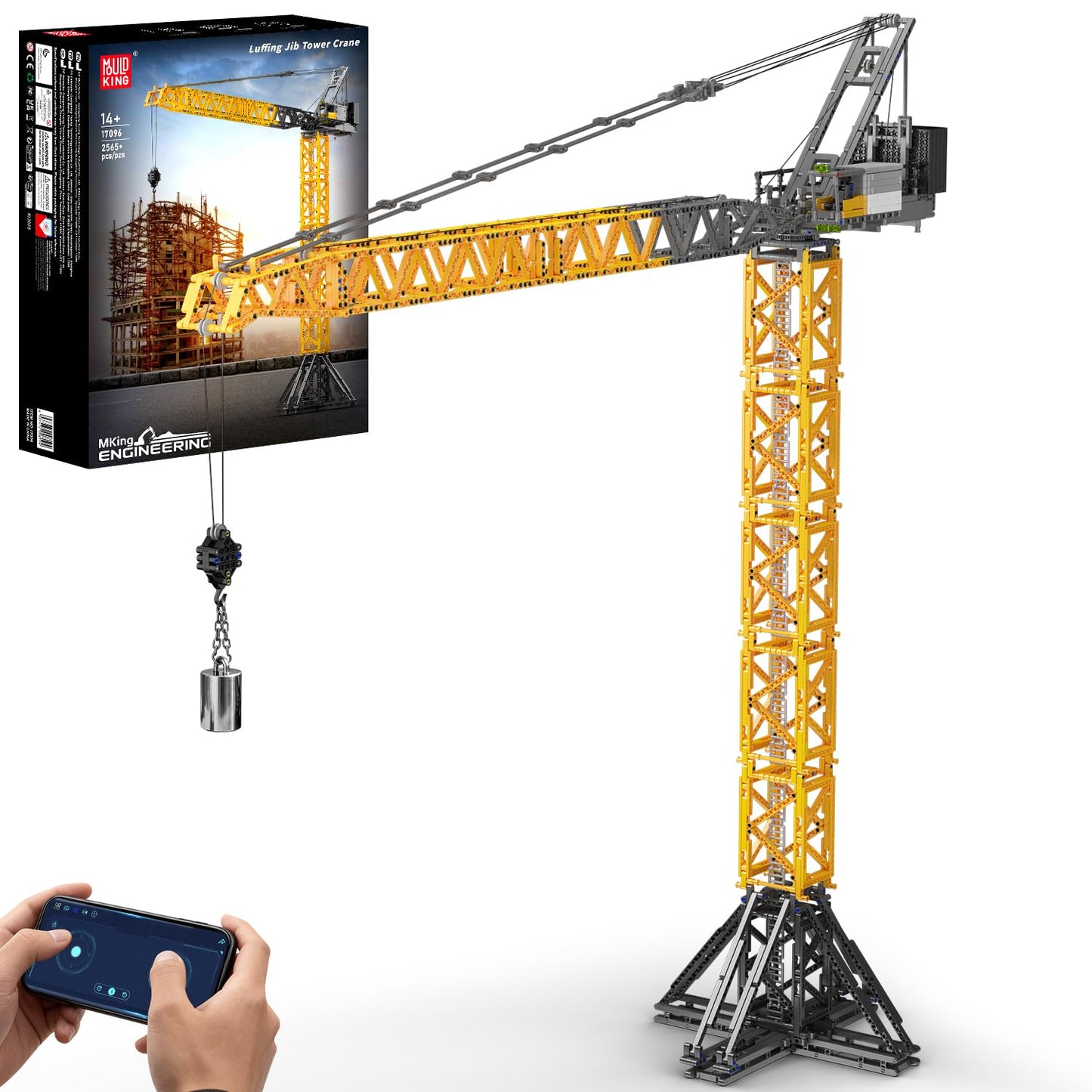 Mould King 17096 Luffing Jib Tower Crane Building Block Set, Large Technical Construction Vehicles Crane Truck Model with Motors/APP Remote Control, Collectible Set for Adults & Teens 14+ Gift (2565+)