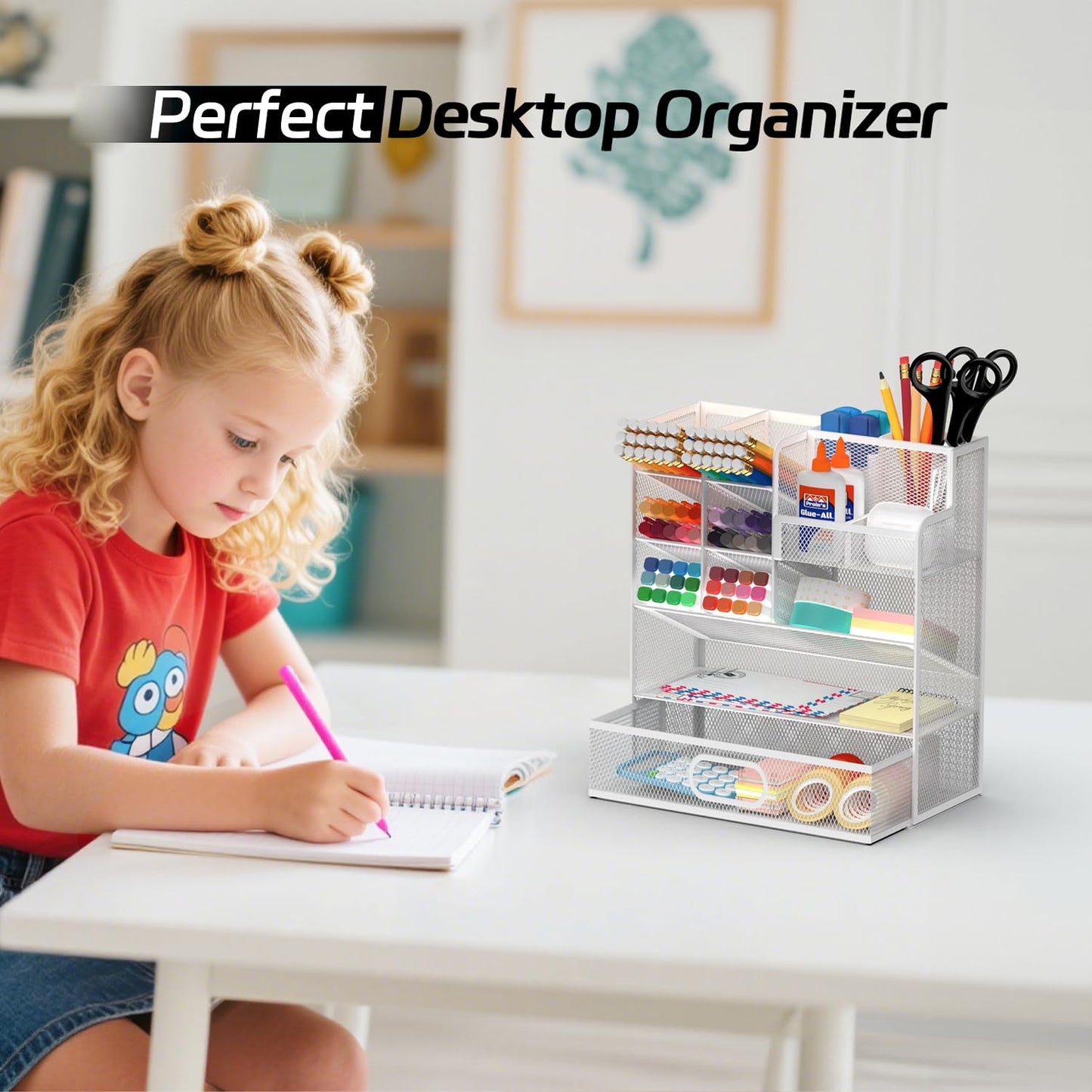 ReePlan Mesh Pen Organizer for Desk, Multi-Functional Pencil Holder with Drawer Desk Organizers, Large Capacity Storage for School Office Home Supplies (White)