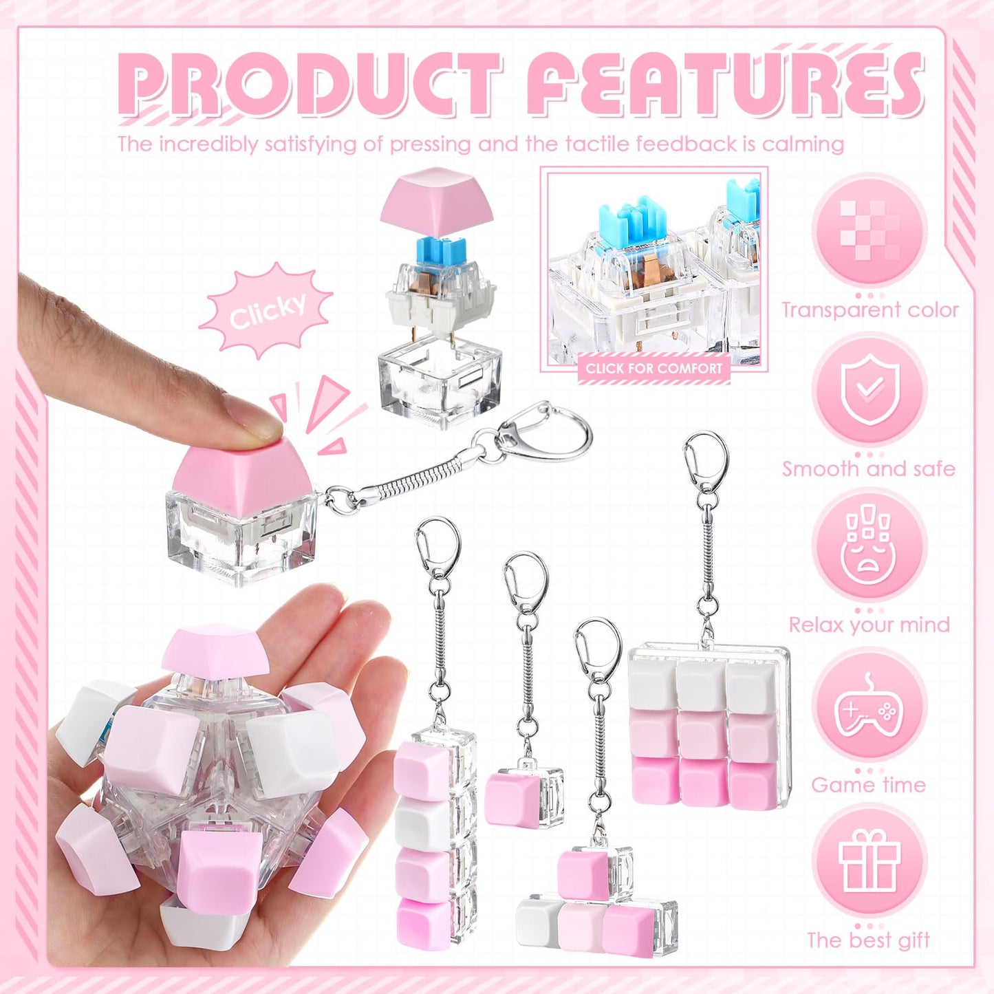 Halloscume 5 Pcs Keyboard Adult Fidget Clicker in 5 Styles Keyboard Fidget Keychain Cube Mechanical Key Button Clicker Stress Relief Gift for Office Home Pass Time(Pink Gradient)