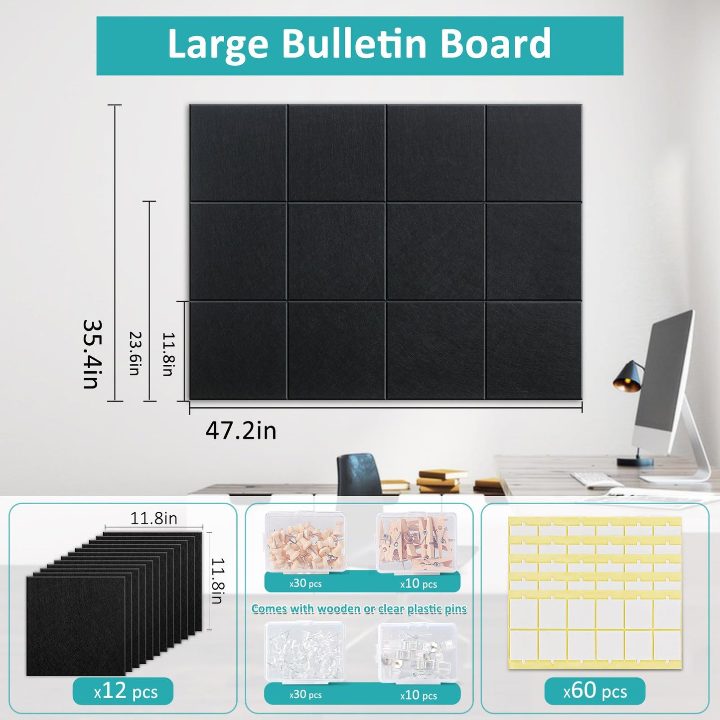 Bounmer Large Cork Bulletin Board - 48" x 36" Cork Board for Walls - 12 Pack Felt Tiles, 60 Removable Safe Adhesive Tabs & 30 Pushpins - for Office, School, Home Decor (Black)
