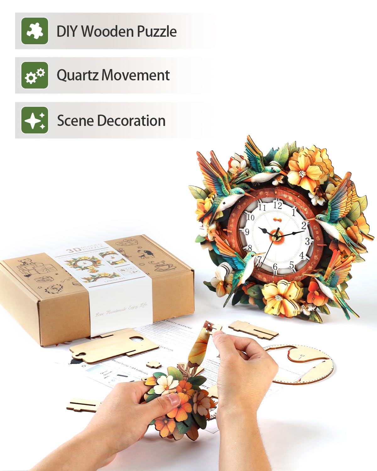 Rnfinewow 3D Wooden Puzzles for Adults, Hummingbird Clock with Pendulum Model Kit, 3D Puzzles for Adults Room Home Decor DIY Wall Clock Kit, Holiday Birthday for Men Women Teens