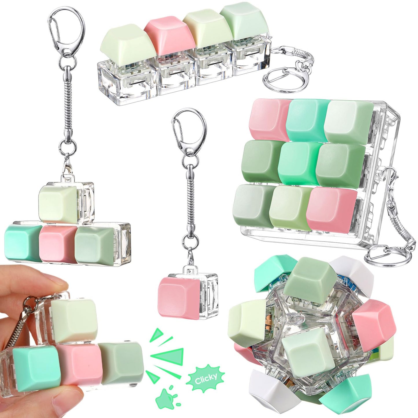 Halloscume 5 Pcs Keyboard Adult Fidget Clicker in 5 Styles Keyboard Fidget Keychain Cube Mechanical Key Button Clicker Stress Relief Gift for Office Home Pass Time(Fresh Color)