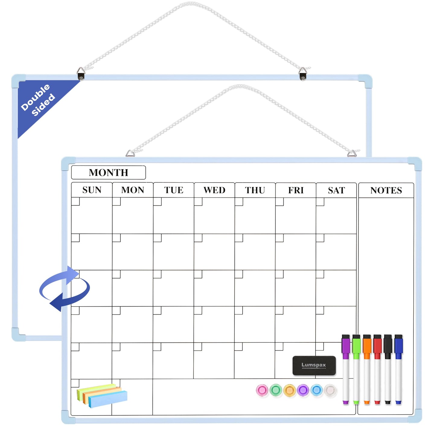 Lumspax Monthly Whiteboard Calendar for Wall, 24" x 18" Dry Erase Board with Plastic Frame, Hanging Dry Erase Calendar with 3 Mini Sticky Notes for Kitchen Planner, Memo, Home and Office, Blue