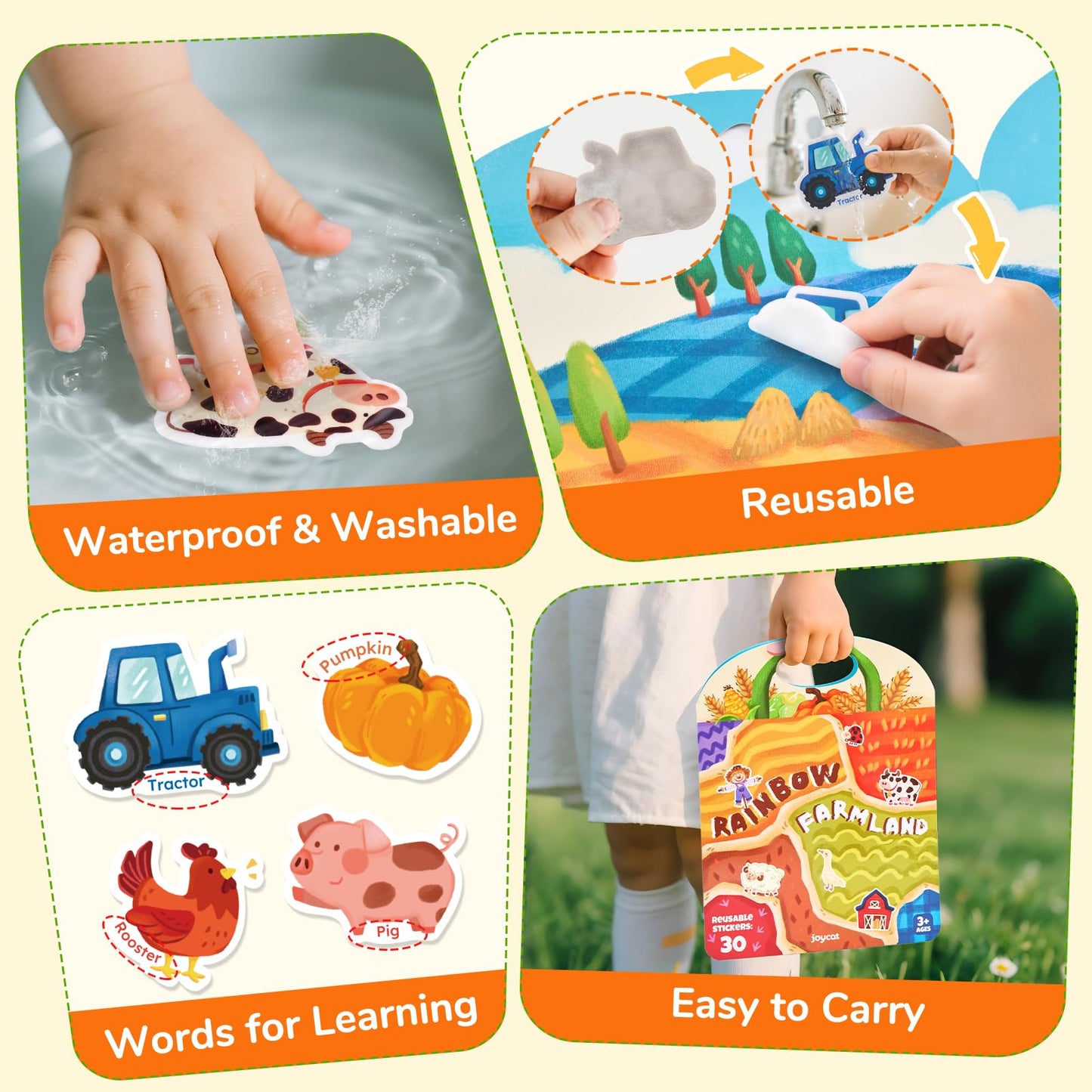 JoyCat Reusable Sticker Book Set (3-Pack): Farm, Pizza-Making, Weather - 90 Pcs Stickers for Toddlers, Kids Sticker Activity Book, Road Trip Travel Toys, Birthday Gifts for Boys and Girls