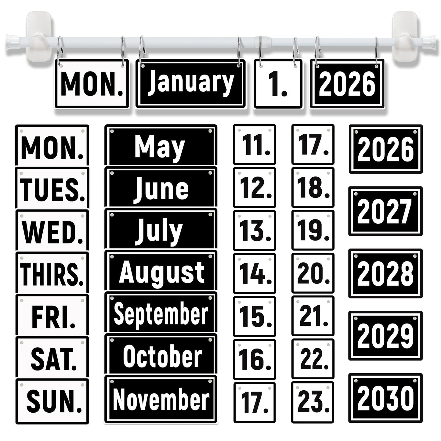 Upgraded 2-in-1 Flip Calendar for Classroom with Magnetic & Adhesive Fixing, Adjustable Magnetic Rod Flip Calendar for Whiteboard, Black and White Classroom Decor Bulletin Board Set (Black and White)