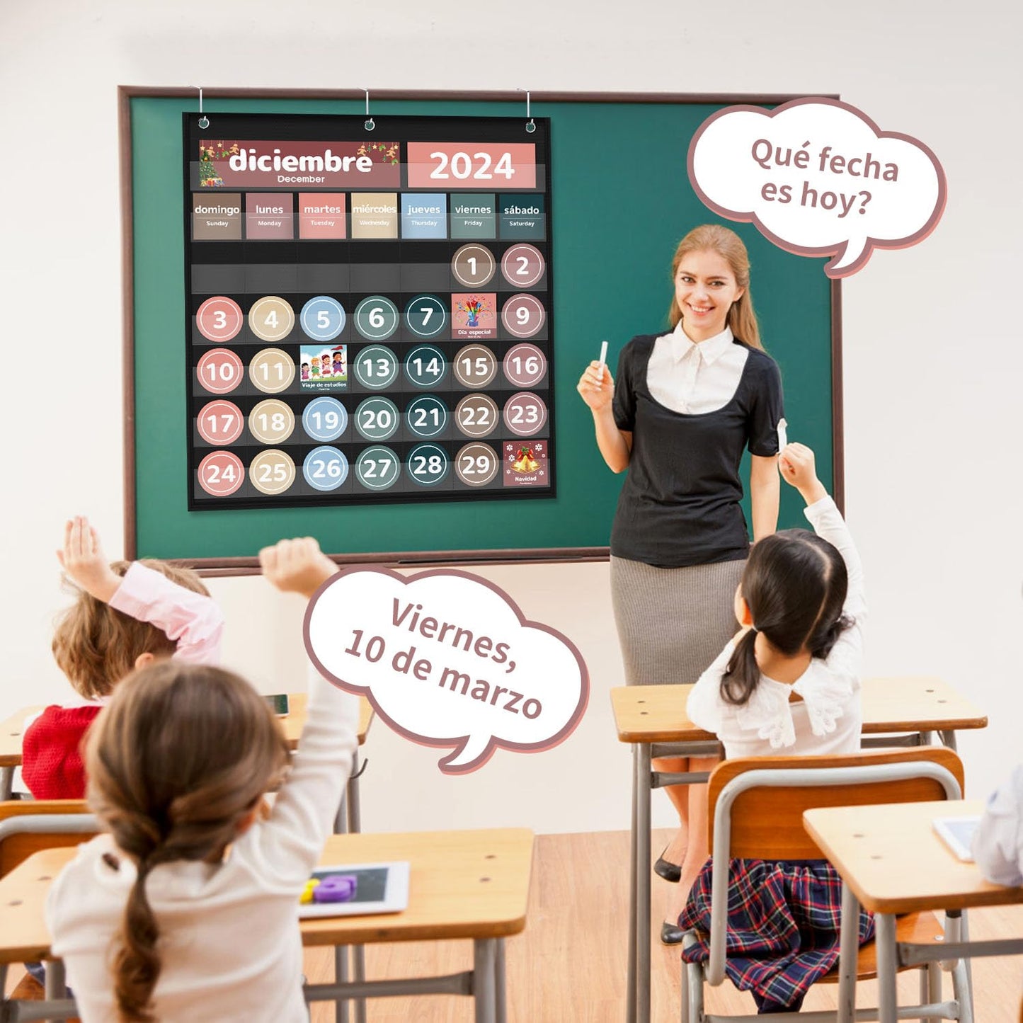Monthly Calendar Pocket Chart for Classroom, Printed Days of The Week with Cards, Learning for Home or Kindergarten, Teacher Must Have Supplies That Fits Any School Décor (Spanish Black)