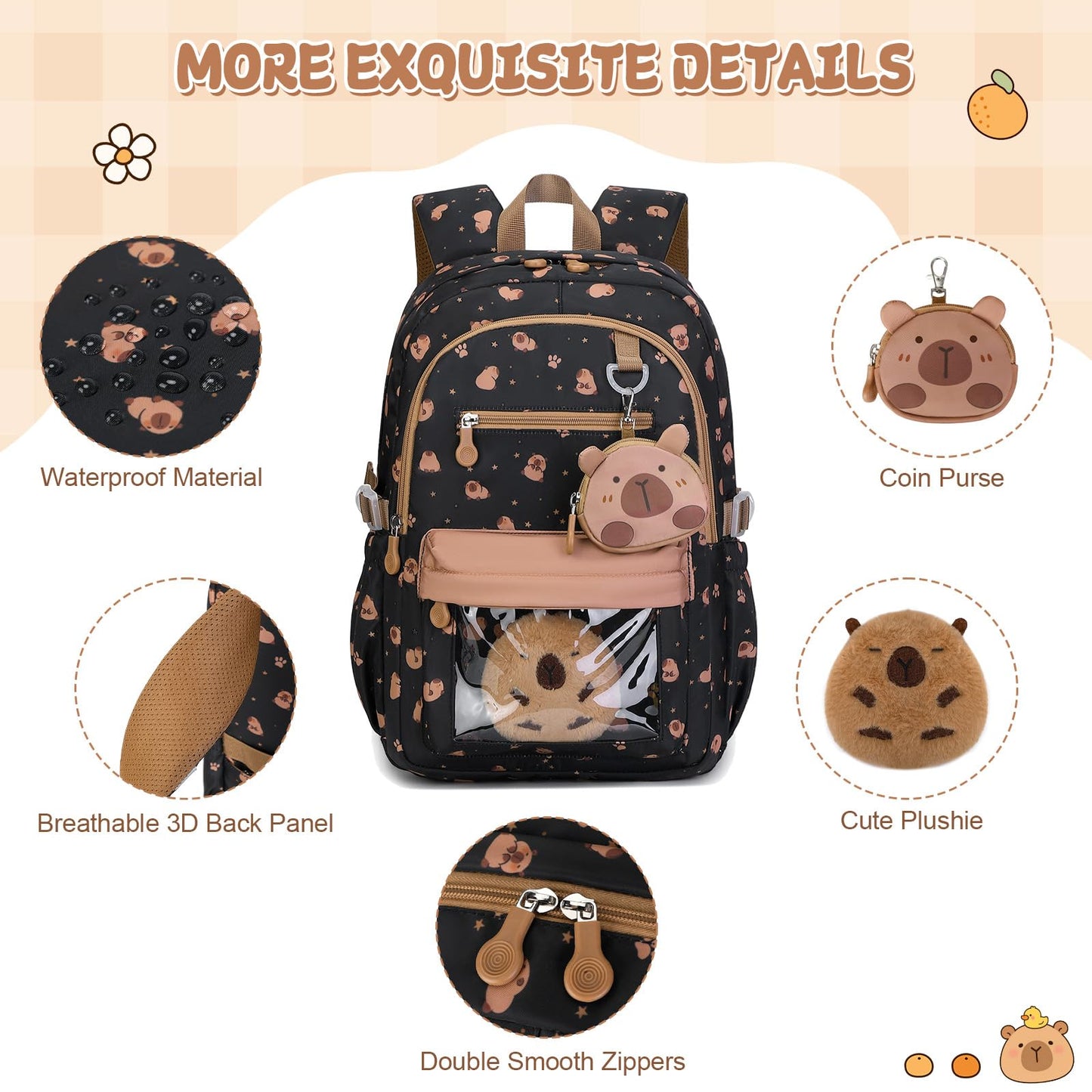 Similove Capybara Theme Backpack for School Girls, 35PCS Kids Backpack Set with School Supplies Stationery Kit Lunch Box Pencil Case, Cute Girls Bookbag for Kindergarten Elementary Student