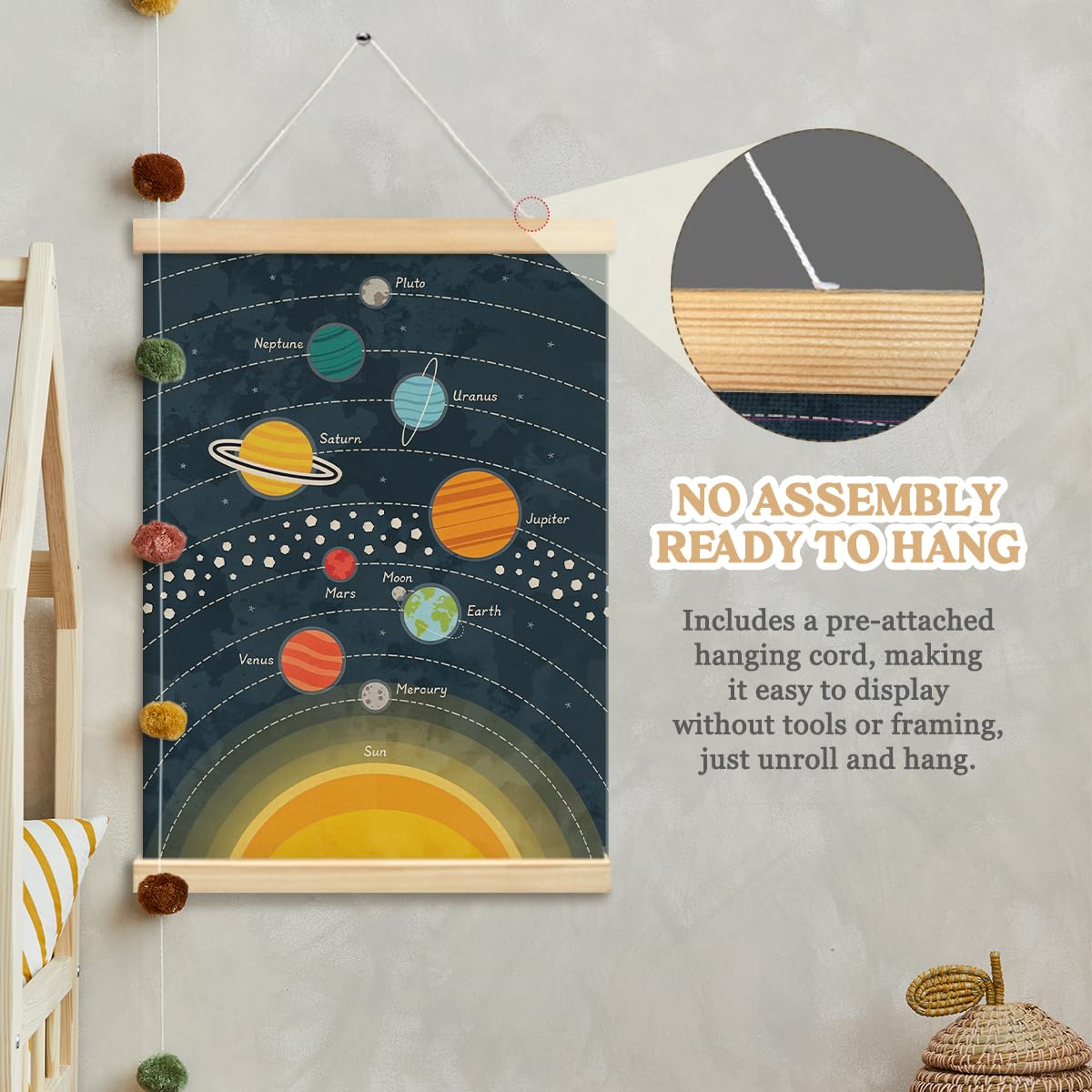 MOFUYU Kids Room Decor,Space Nursery Wall Decor Canvas Hanging Banner,Solar System,Educational Poster Hanger Frame for Classroom Nursery Playroom Kids Girl Boy Teen Bedroom 12x16 Inch