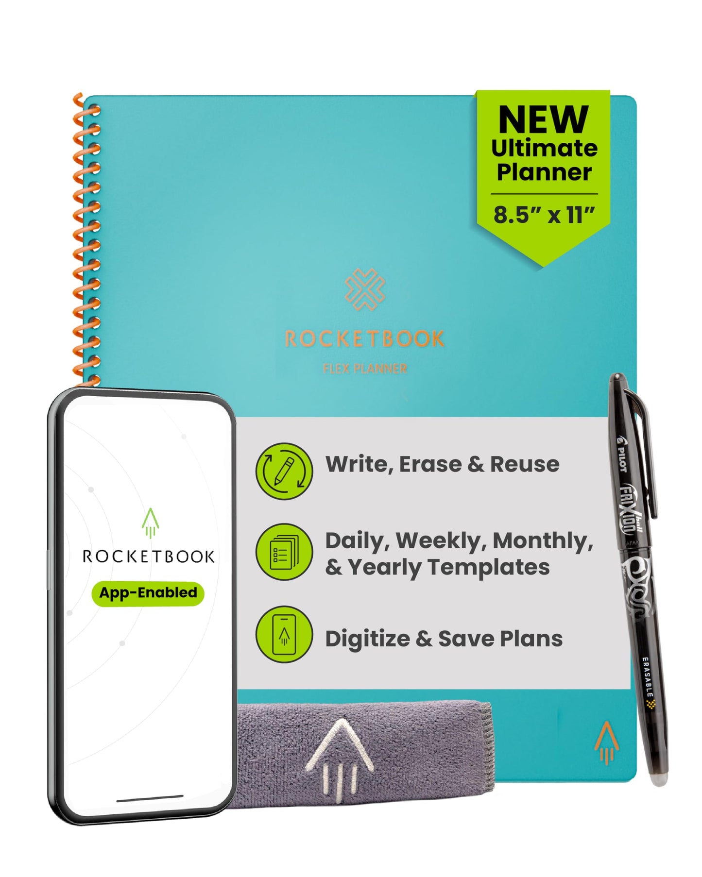 Rocketbook Flex Reusable Planner, Smart Undated, Daily, Weekly, Monthly, Annual Calendar Templates, Letter Size 8.5x11, Teal (Pack of 1)