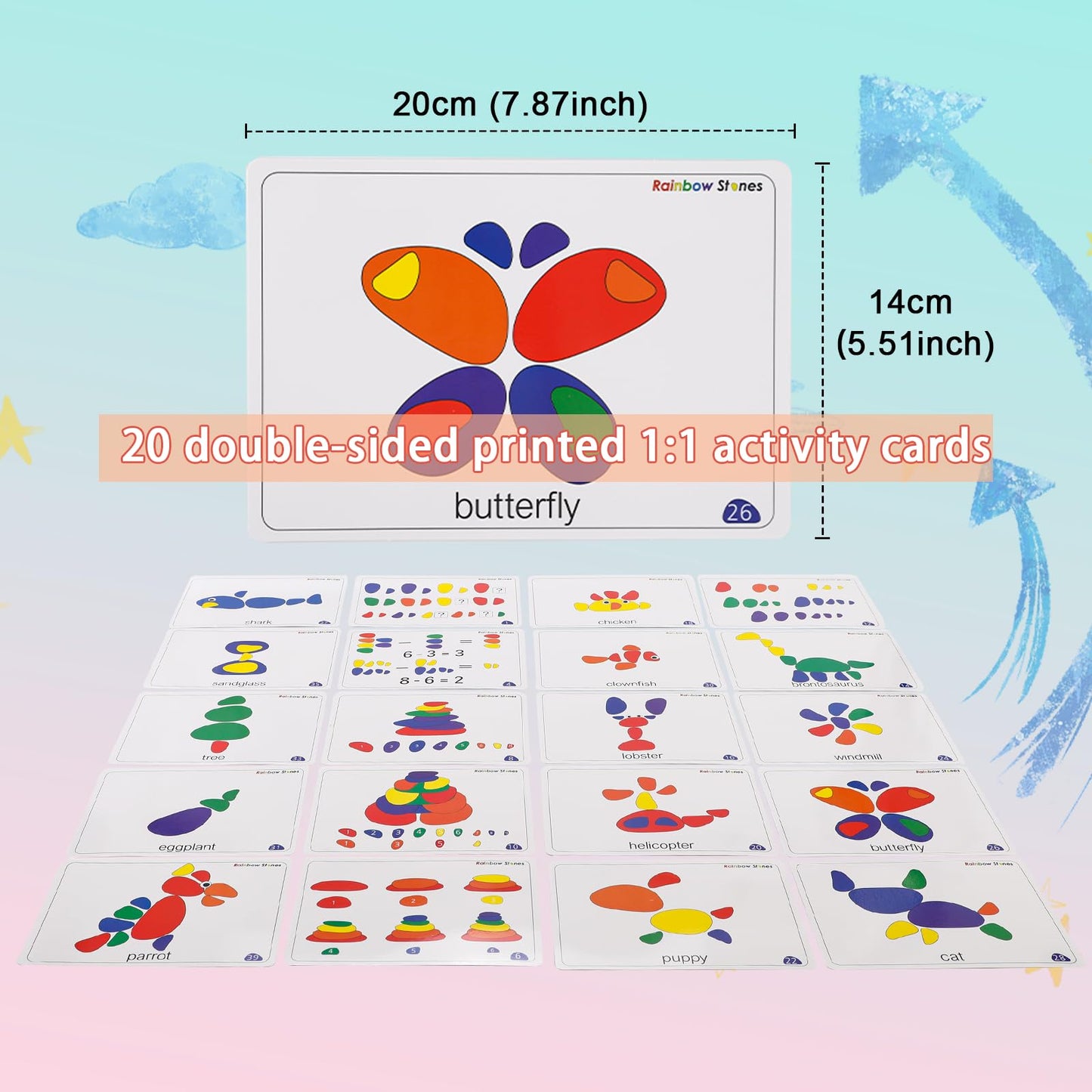 Odoorgames 36 Pcs Translucent Pebbles, Rainbow Stones,Light Table Manipulatives Preschool,Light Table Accessories, Includes 24 Activity Cards