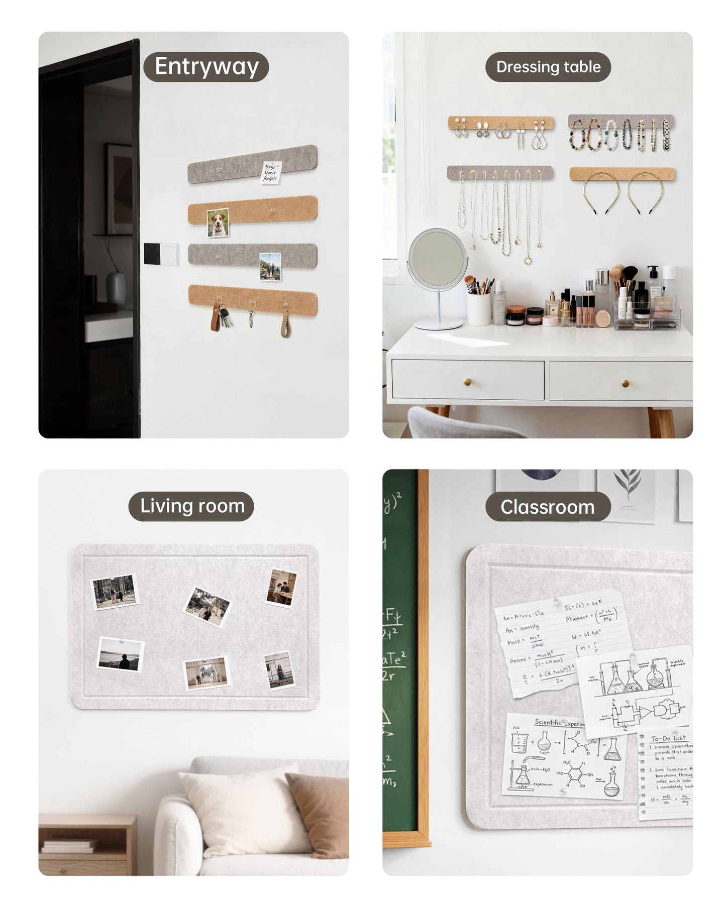 Small Felt Bulletin Board and 4 pcs Bar Strips Set, 24"X16" Cork Board Alternative with Removable Adhesive Tabs, 30 Push Pins for Office, Classroom, Bedroom, Walls Decorations - Oatmeal