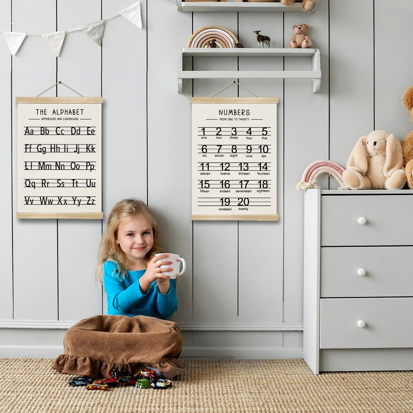 Alphabet and Numbers Wall Chart Set of 2,Toddlers Educational Posters,Alphabet and 1-20 Number Learning Banners for Preschool Classroom Homeschool Nursery Playroom,Kids Room Decor 14x18.5 Inch (Black)