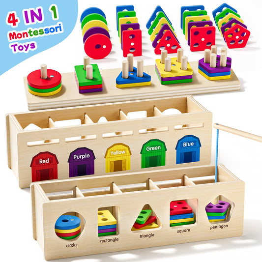UMEREACT Montessori 4 in 1 Wooden Sorting Shape Sorter and Stacking Toy Box Color Matching Counting Fishing Game Preschool Educational Toys for 3 Years Boys and Girls Gifts