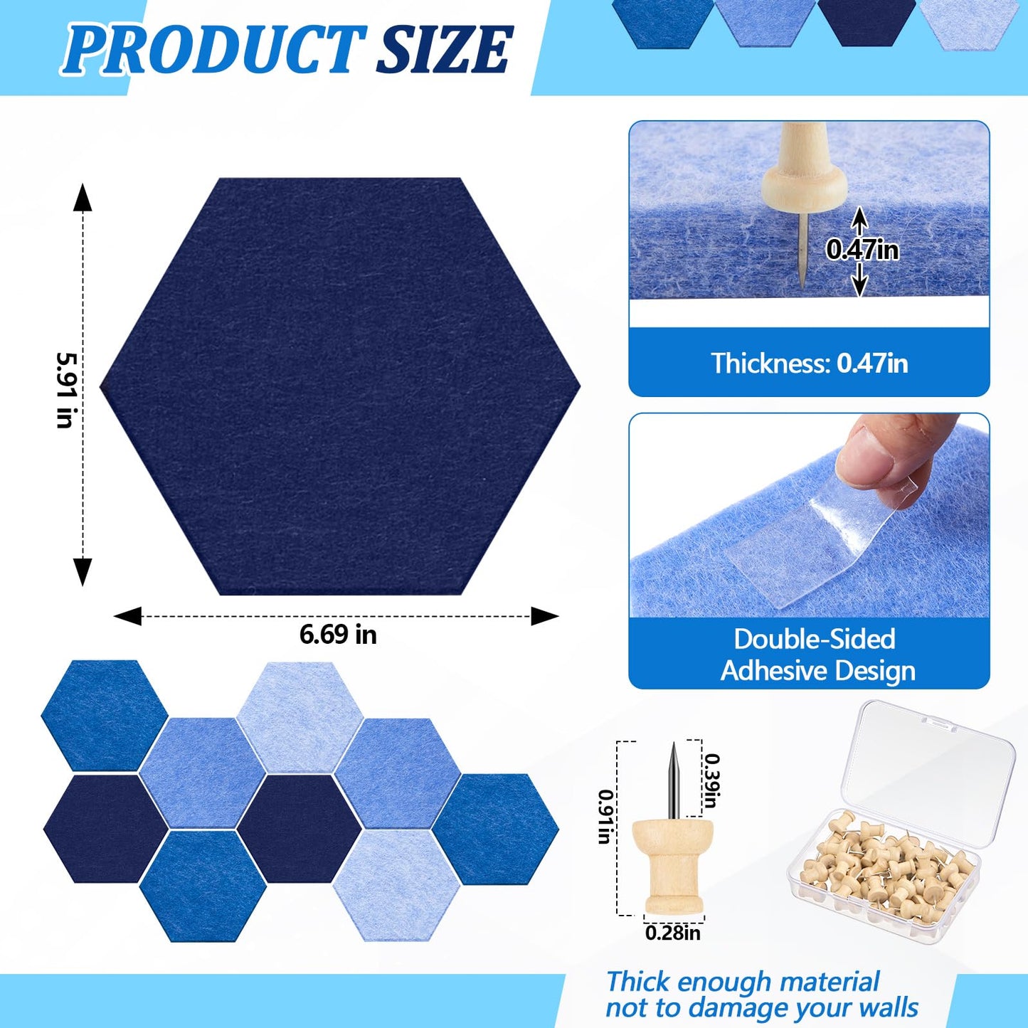 Mindsoft 16 Pcs Hexagon Cork Board for Walls with 50 Wooden Push Pins 6.7 x 5.9 in Felt DIY Tiles Notice with Nano Tape Hanging Bulletin Board for Home Photo Office Memo Note(Ocean)