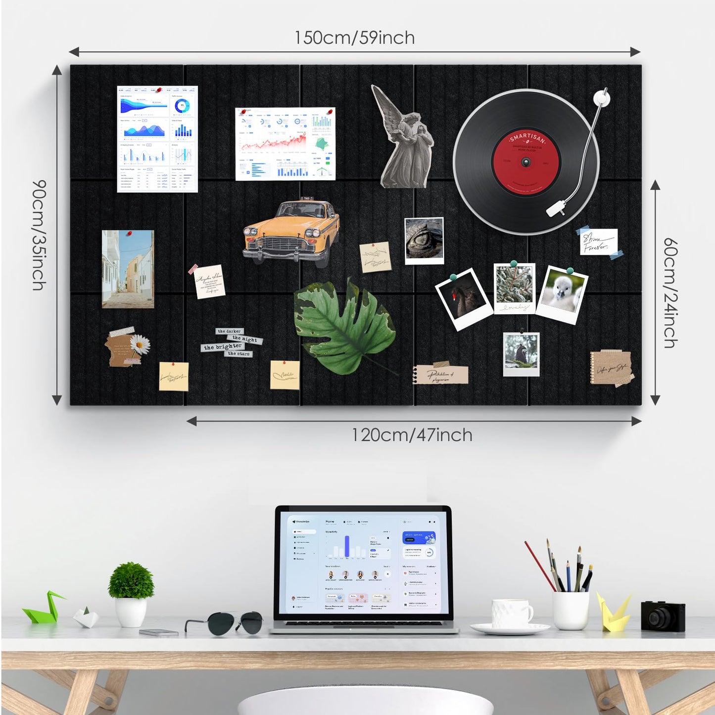 Large Bulletin Board 59" X 36" Cork Boards for Wall Alternative 15 Pack Black Fine-Stripe Felt Bulletin Board 96 Safe Adhesive 35 Push Pins for Office School Home Room Decor