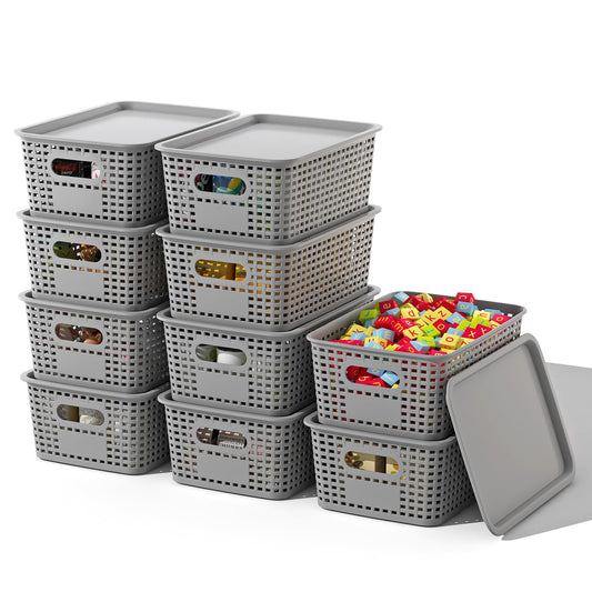 ORGIDOL Plastic Storage Basket with Lids 10 Pack Stackable Storage Bins Containers with Lid, Decorative Storage Boxes for Organizing Shelves, Drawers, Playroom, Classroom, Office, Closet, Grey