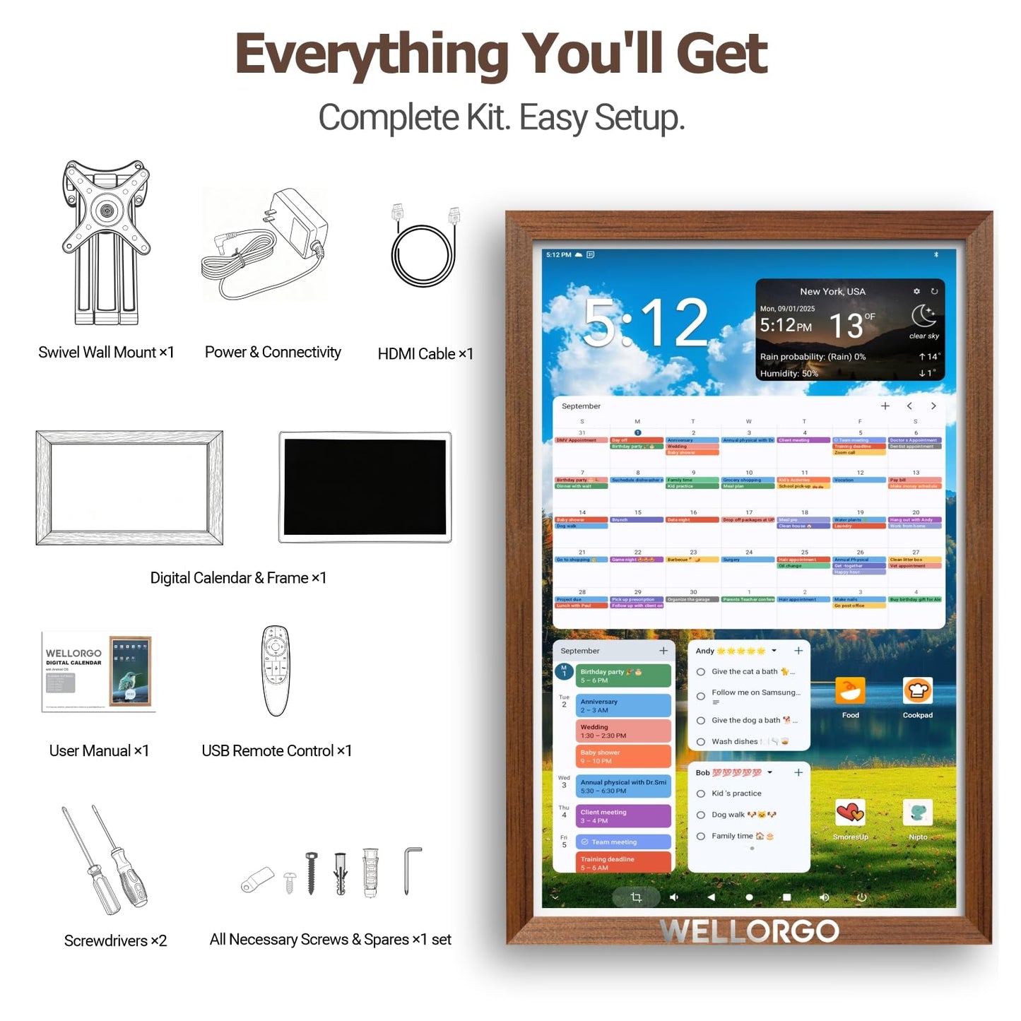 Wellorgo 24" Digital Calendar, Electronic Smart Calendar for wall, Family Daily Planner/Chores Chart for Kids, Touch Screen with Remote, Streaming Apps Available, Adjustable Wall Mount & Picture Frame