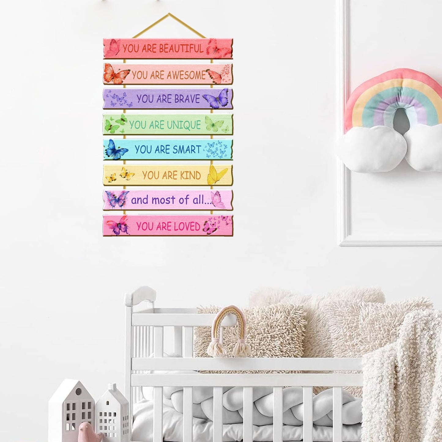 Rutiyoka Butterfly Room Decor for Girls Bedroom Wall Rainbow Inspirational Art Kids Wood Decorations Little Girl Nursery Toddler Sign