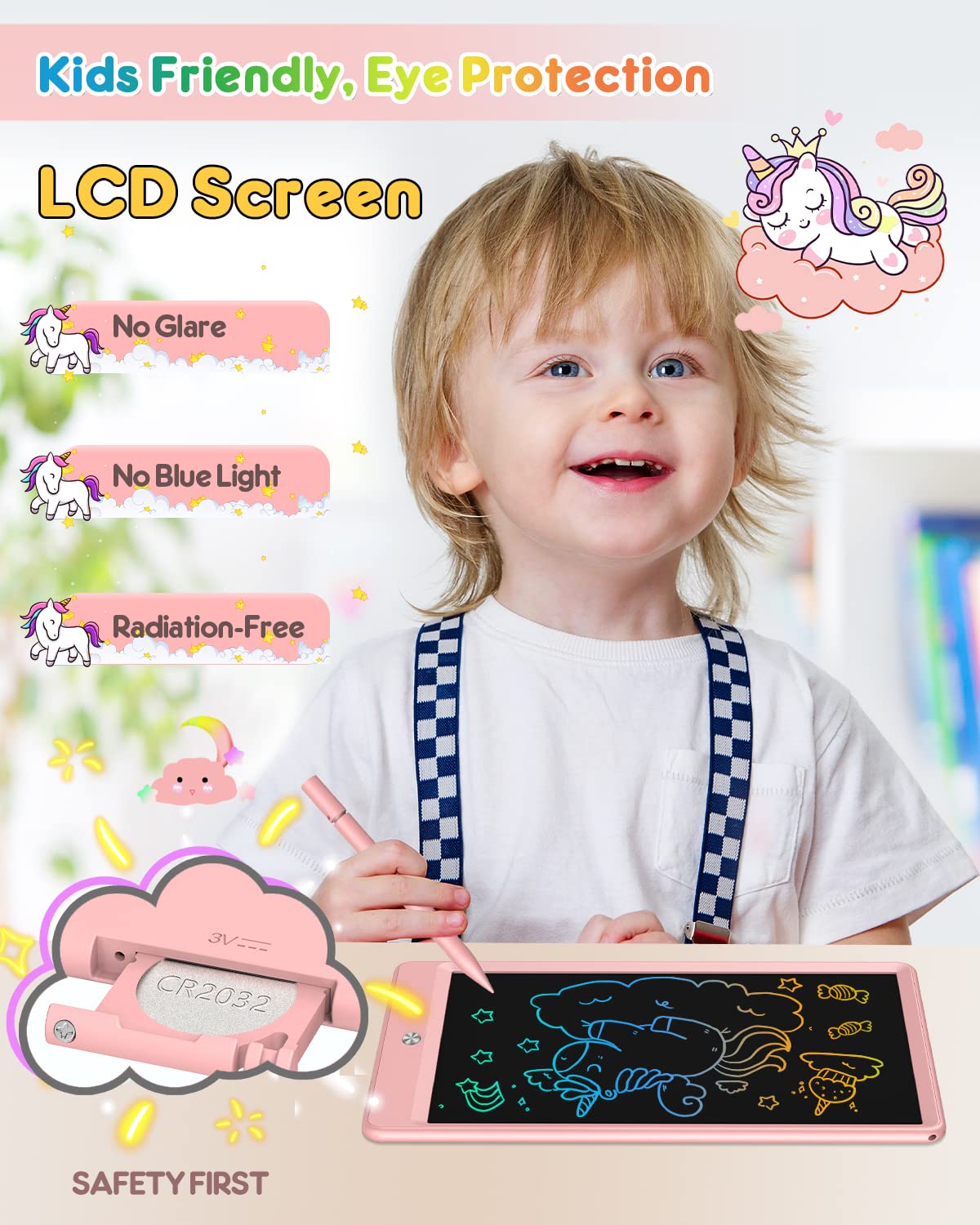 FLUESTON LCD Writing Tablet for Kids, 10 Inch Doodle Board, Colorful Drawing Pad for Toddler, Educational Travel Toy Gifts for 3-8 Year Old Girls Boys, Erase Lock Writing Board - Pink