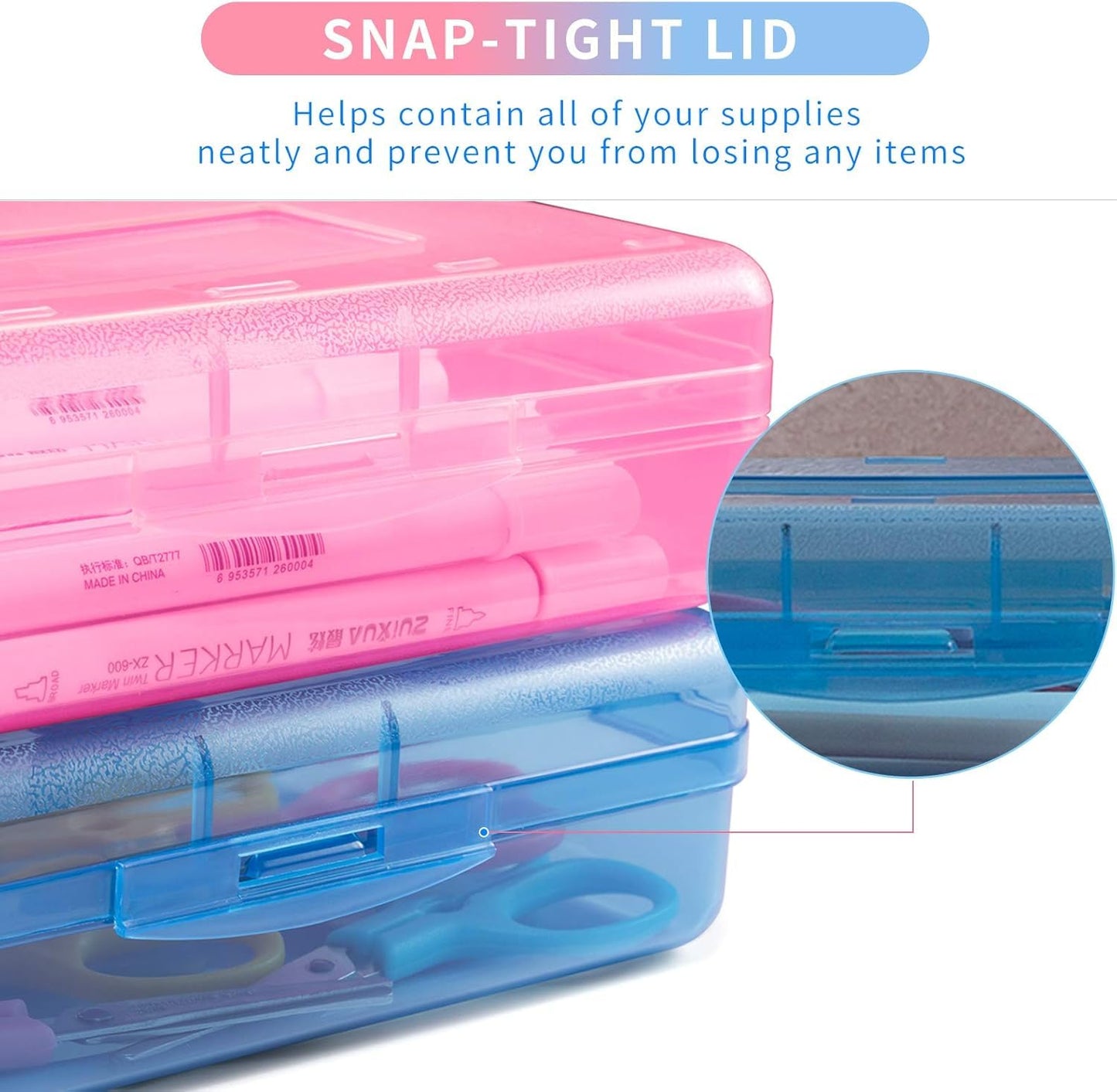 Sooez 3 Pack Pencil Case, Large Hard Pencil Box Bulk, Clear Crayon Box Marker Pen Organizer, Plastic Storage Container with Snap Lid, Stackable Art Craft Organizer Back to School Supplies