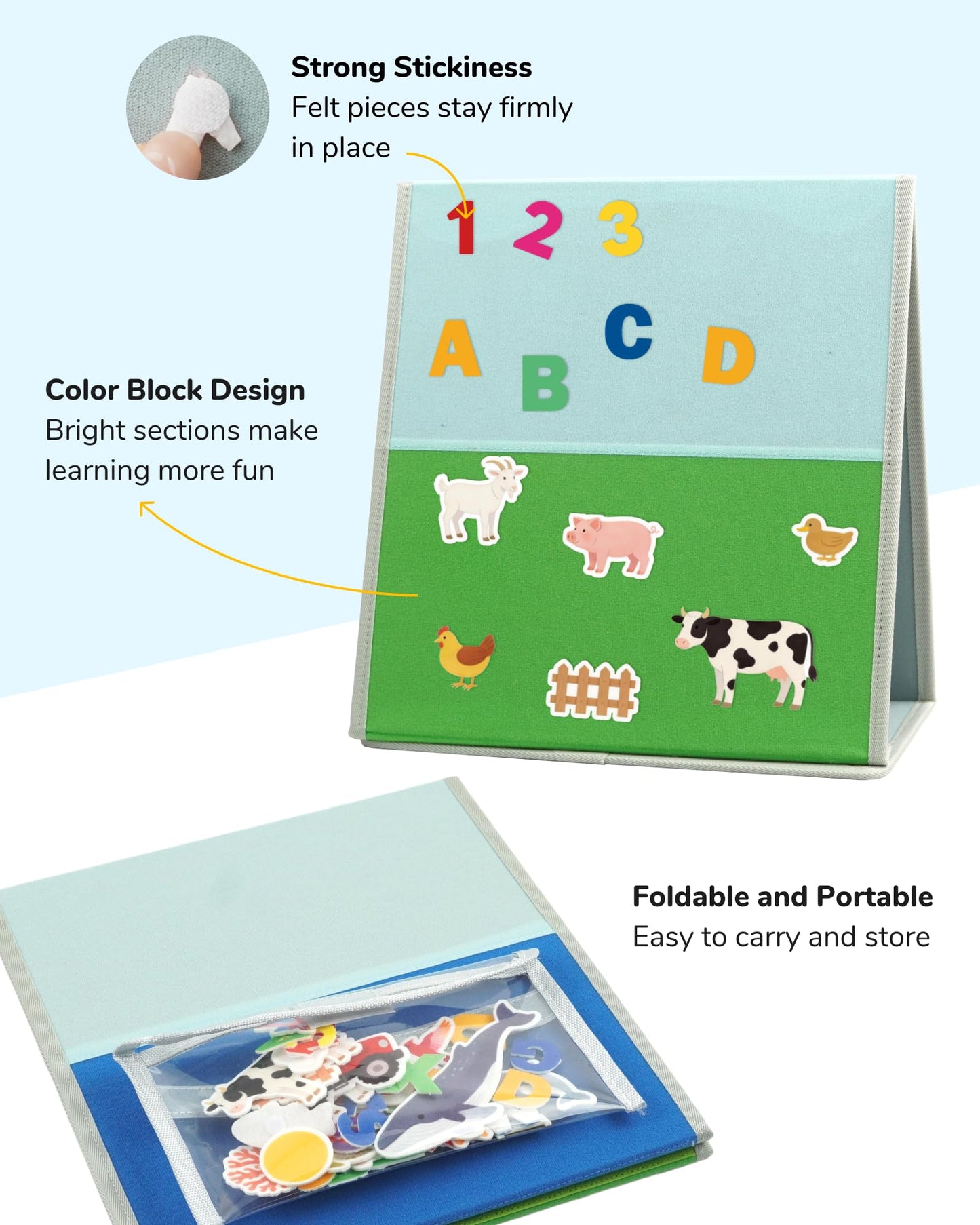 CHEFAN Felt Board for Toddlers, 29.5 x 12.2 Inches Freestanding Foldable Flannel Board, Preschool Learning & Storytelling Toy with Felt Pieces & Storage Bag