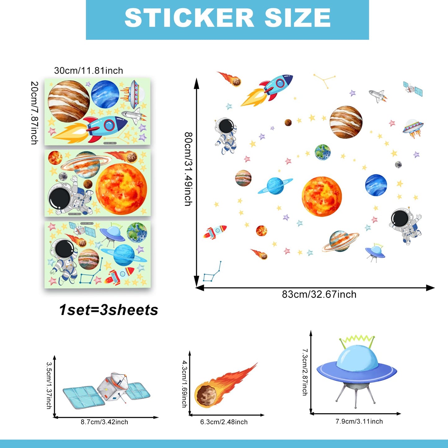 Glow in the Dark Space Astronaut Wall Stickers Luminous Planets with Stars Decals Self-Adhesive Peel and Stick for Kids Room Nursery