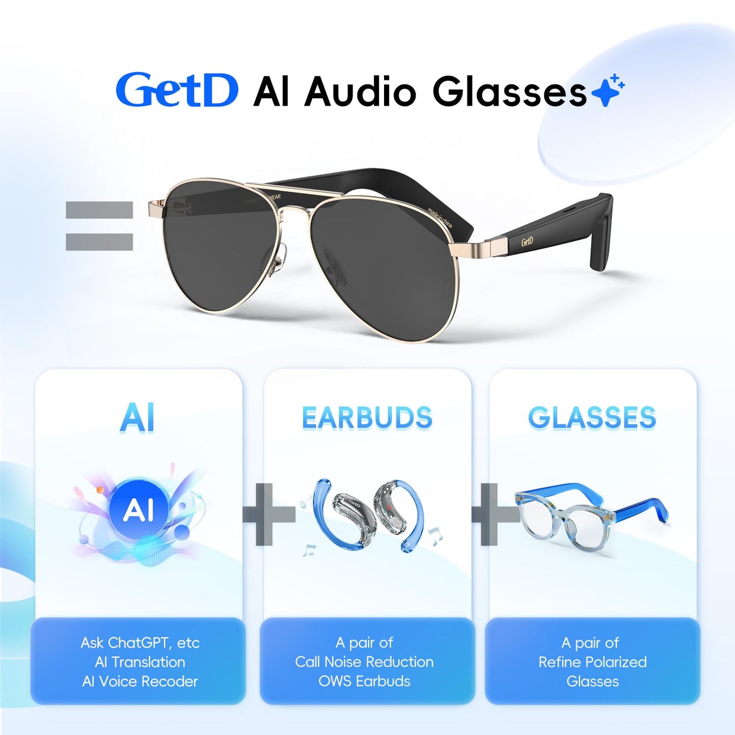 GetD AI Smart Glasses for Men Women with Classic Aviator, Nylon Polarized Bluetooth Sunglasses, Smart Sunglasses with ChatGPT AI Translation with for 145 Languages