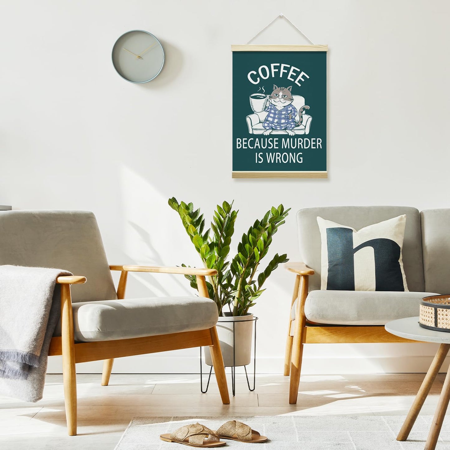 Funny Coffee Cat Poster Hanger Frame, Because Murder Is Wrong Posters Canvas Wall Art for Cafe Office Kitchen Living Room Decor, 12x16 Inches -038