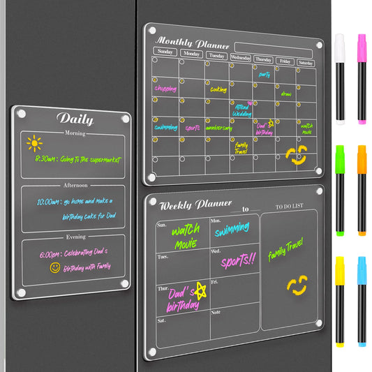 DIYMAG Magnetic Calendar for Refrigerator 3 PCS Dry Erase Wall Planners 15.2"x11.2" Magnet Fridge Monthly Weekly Daily White Board Planning Acrylic Clear Apartment Decor Meal Planner with 6 Colors Markers