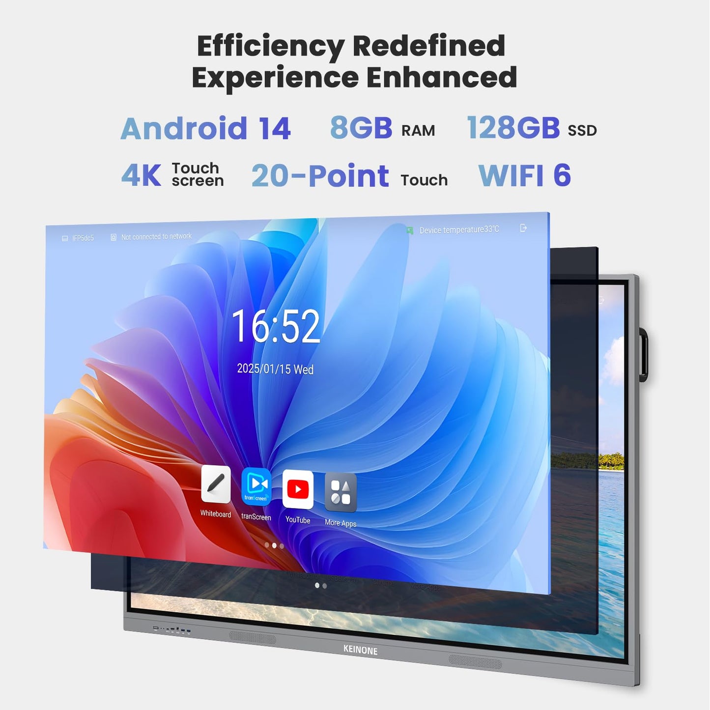 KEINONE 55'' 4K Smart Board, Android 14 OS 8+128 GB Interactive Whiteboard, Electronic Digital Whiteboard with Open App Ecosystem, Touchscreen Smart Board for Home, Office and Classroom, Gray