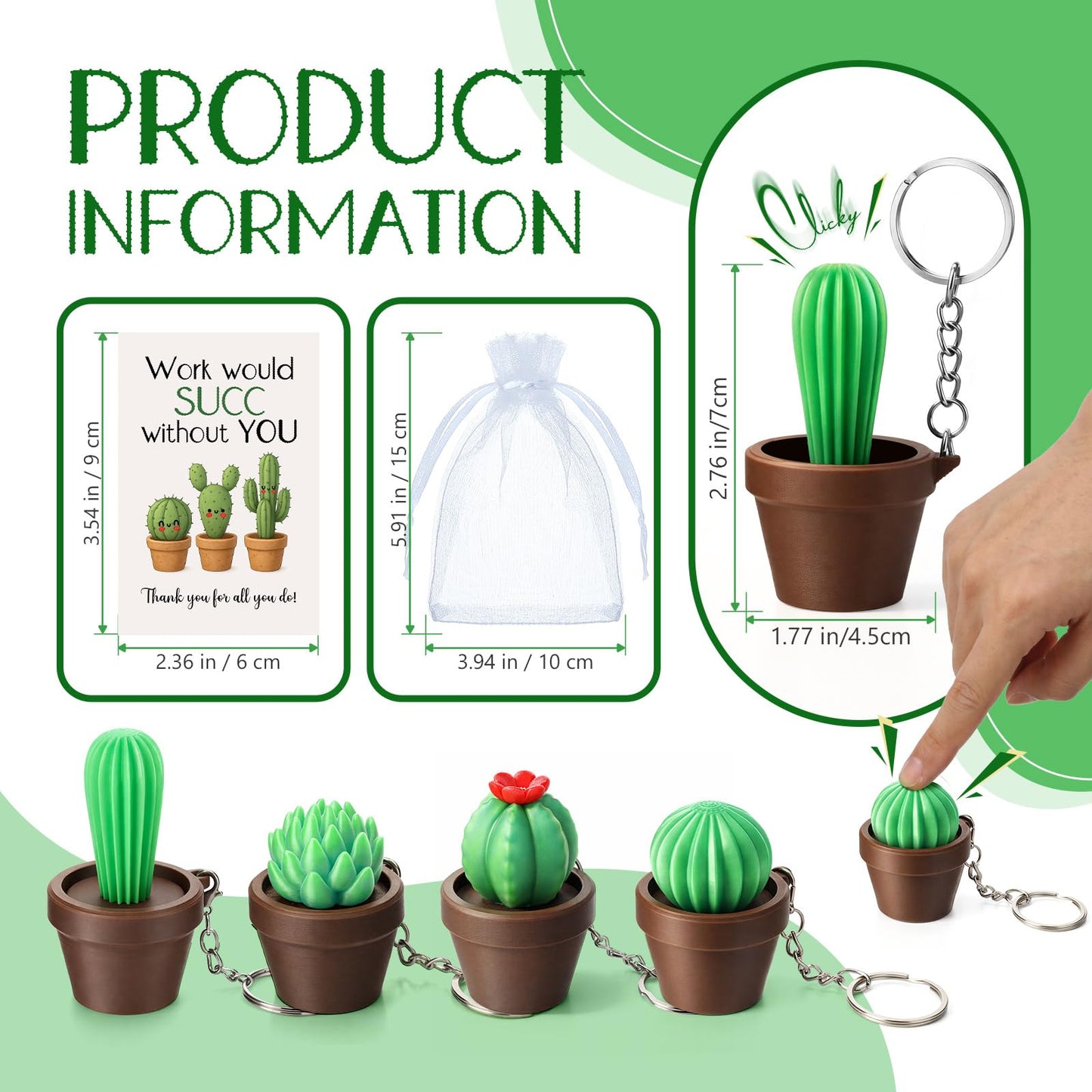 Gerrii 24 Sets Plant Lover Gifts Succulent Cactus 3D Clicker Fidget Keychains Inspirational Cards Bulk 3D Press Stress Relief Sensory Keychain Employee Appreciation Positive Gifts for Coworker Teacher