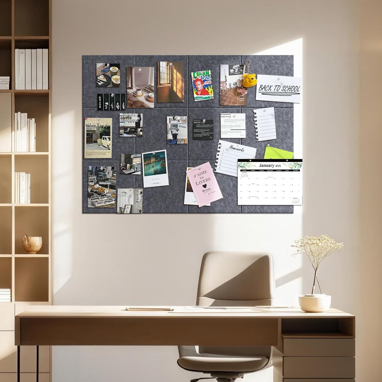 TSJOFFICE Large Cork Board for Wall - 48" x 36" Bulletin Board with 50 Pushpins for Office Decor, Pin Board 12 Pack Felt Wall Tiles with Safe Removable Adhesive Tabs, Corkboard for Home Office - Grey