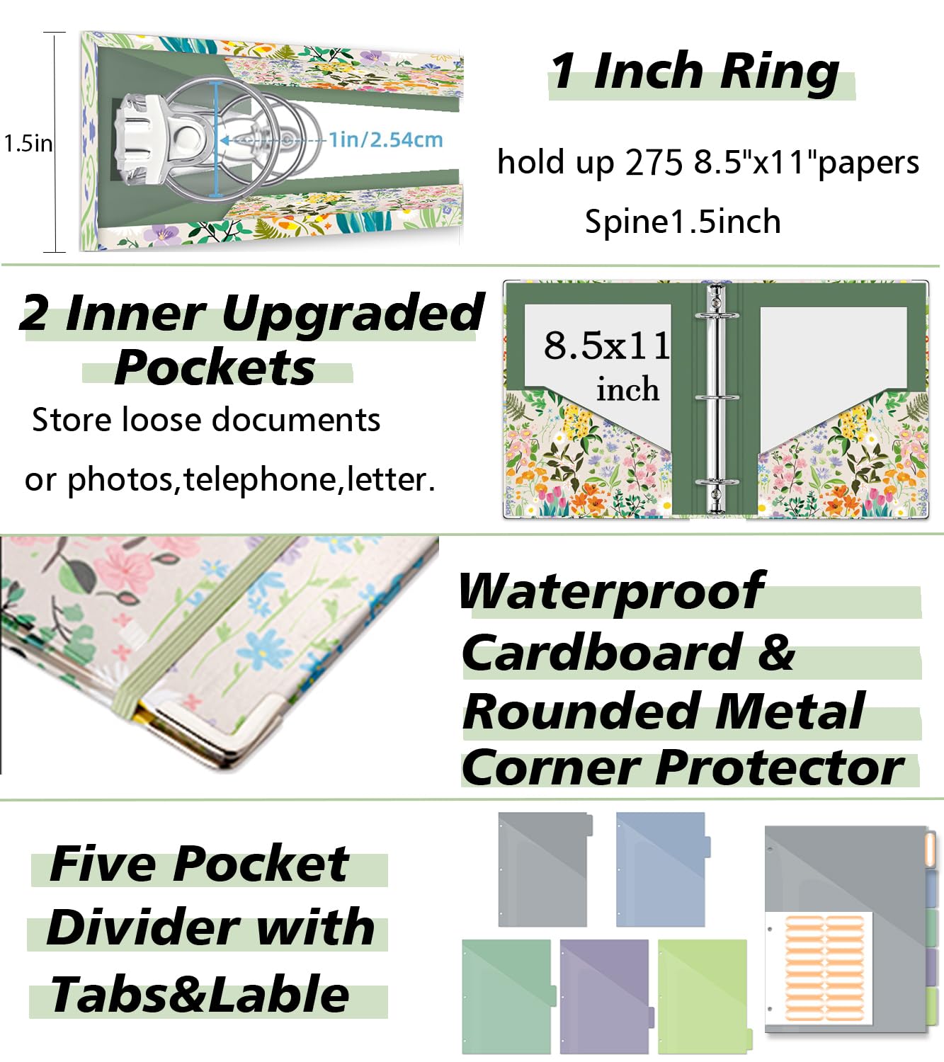 3 Ring 1 Inch Binder Organizer, KLLVE Three Ring Binders with Clipboard, 5-Tabs Pockets Dividers, Plastic Folder, 18 Divider Stikers,Pen Loop (Wildflower, Letter Size)