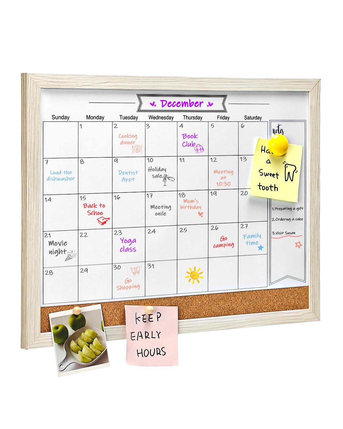 Dry Erase Calendar Whiteboard for Wall, Small Combination Magnetic Dry Erase White Board & Bulletin Board, 13" x 17"，White Frame Calendar/Cork Combo Board(WH-3343)