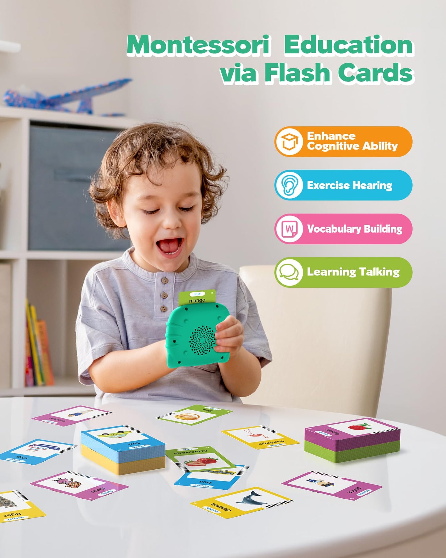 Talking Flash Cards for Toddlers 1 2 3 4 Year Olds, Montessori Language Learning with 224 Words, Pocket Speech Therapy Playthings, Children's Sensory Educational Device, Green