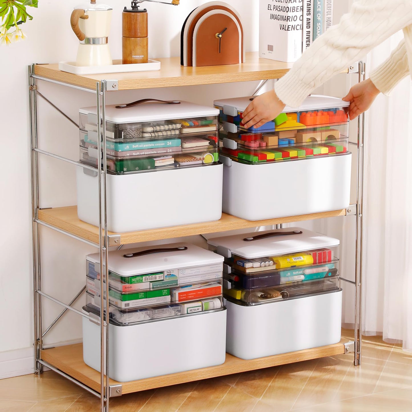 MOPALL 4-Tier Medicine Organizer Storage Box, Portable Latch Bin with Lid and Leather Handle, Cabinet Closet Organization for Home Office, Pill Bottle, First Aid, Sewing, Art, Craft
