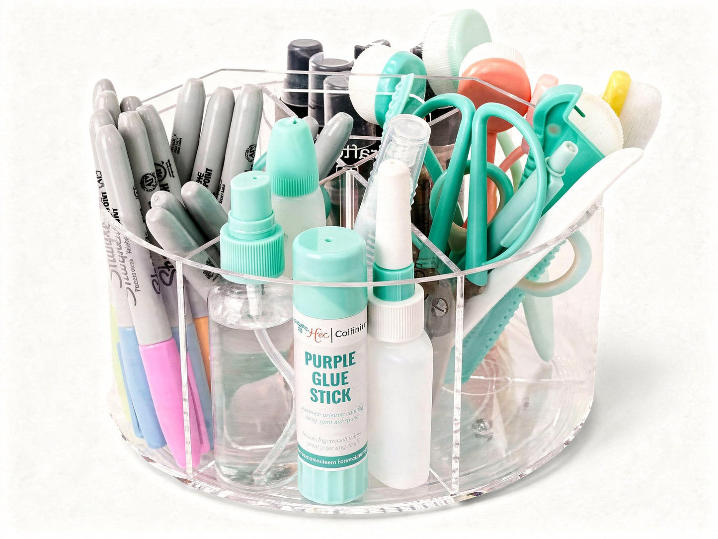 Craftelier - Pen Holder for Desk, Clear Acrylic 360 Degree Spinning Organizer With 6 Storage Slots with Carry Handle and 7.87" (20 cm) Diameter, Ideal for Home, School & Office Supplies