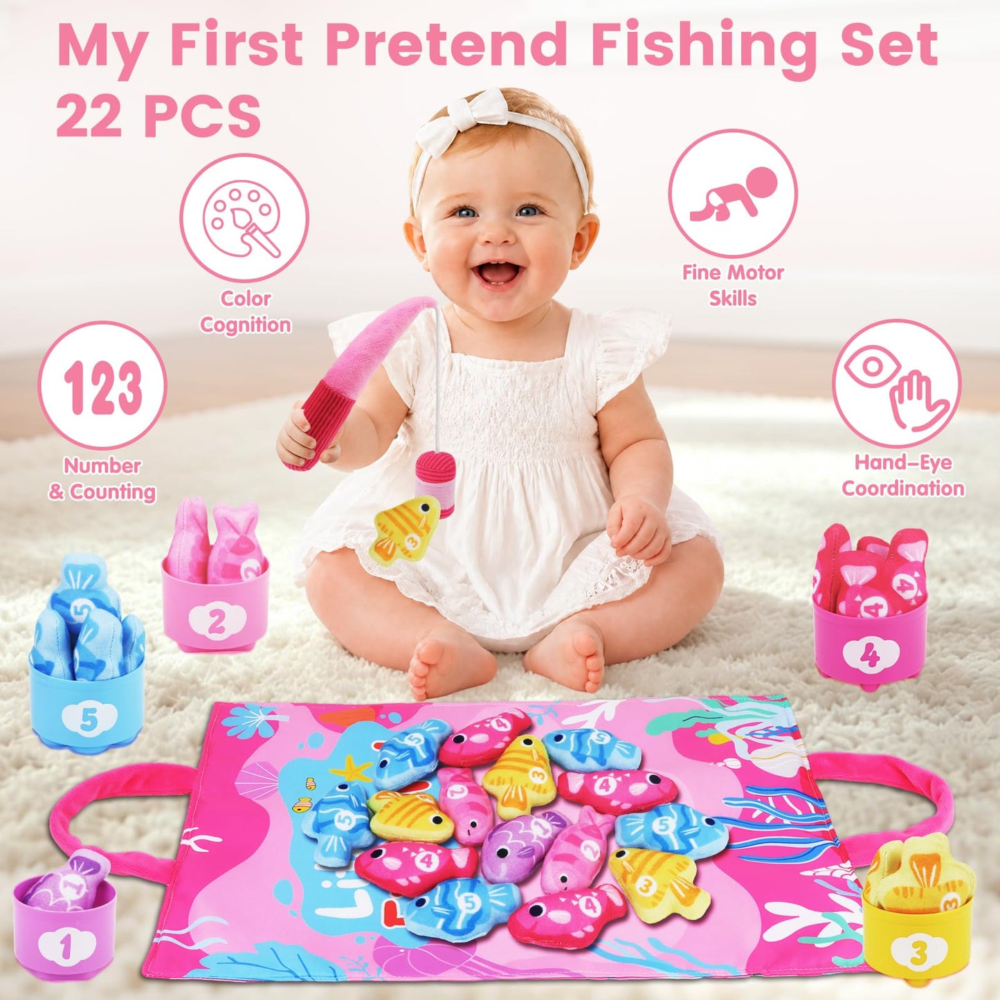 Montessori Toys for 1 Year Old Girl Gifts - Cloth Fishing Game with Stacking Cups Toddler Toys Age 1-2 - One Year Old Boy Girl First Birthday Gift - Sorting Learning Baby Toy 12-18 Months Toddlers 1-3