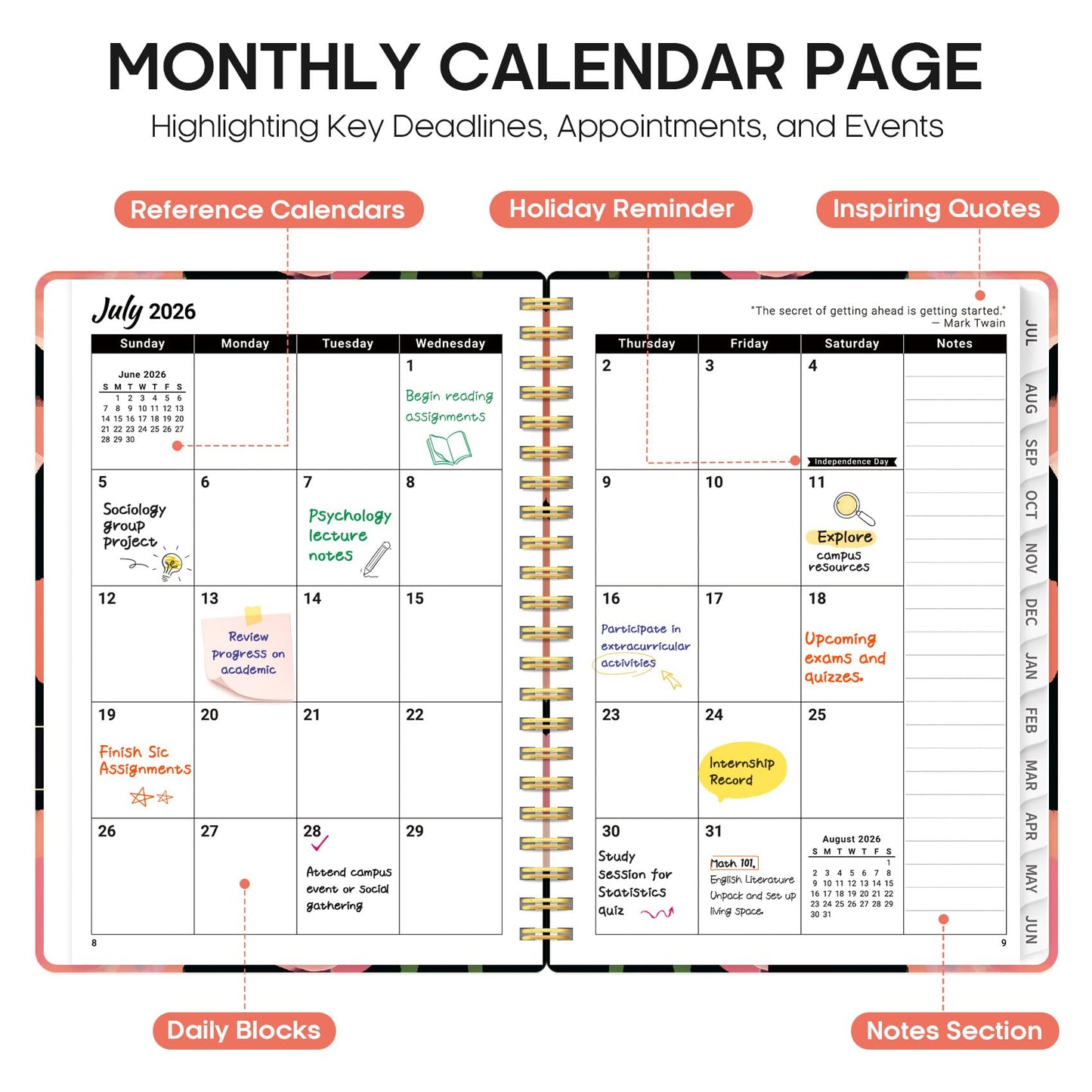Planner 2026-2027, Academic Year Weekly and Monthly Calender Planner, from Jul 2026 - Jun 2027, Spiral Bound School Planning Book, Perfect for Teacher, Student, Women & Men, A5 (6.3" x 8.5"), Midnight Poppies