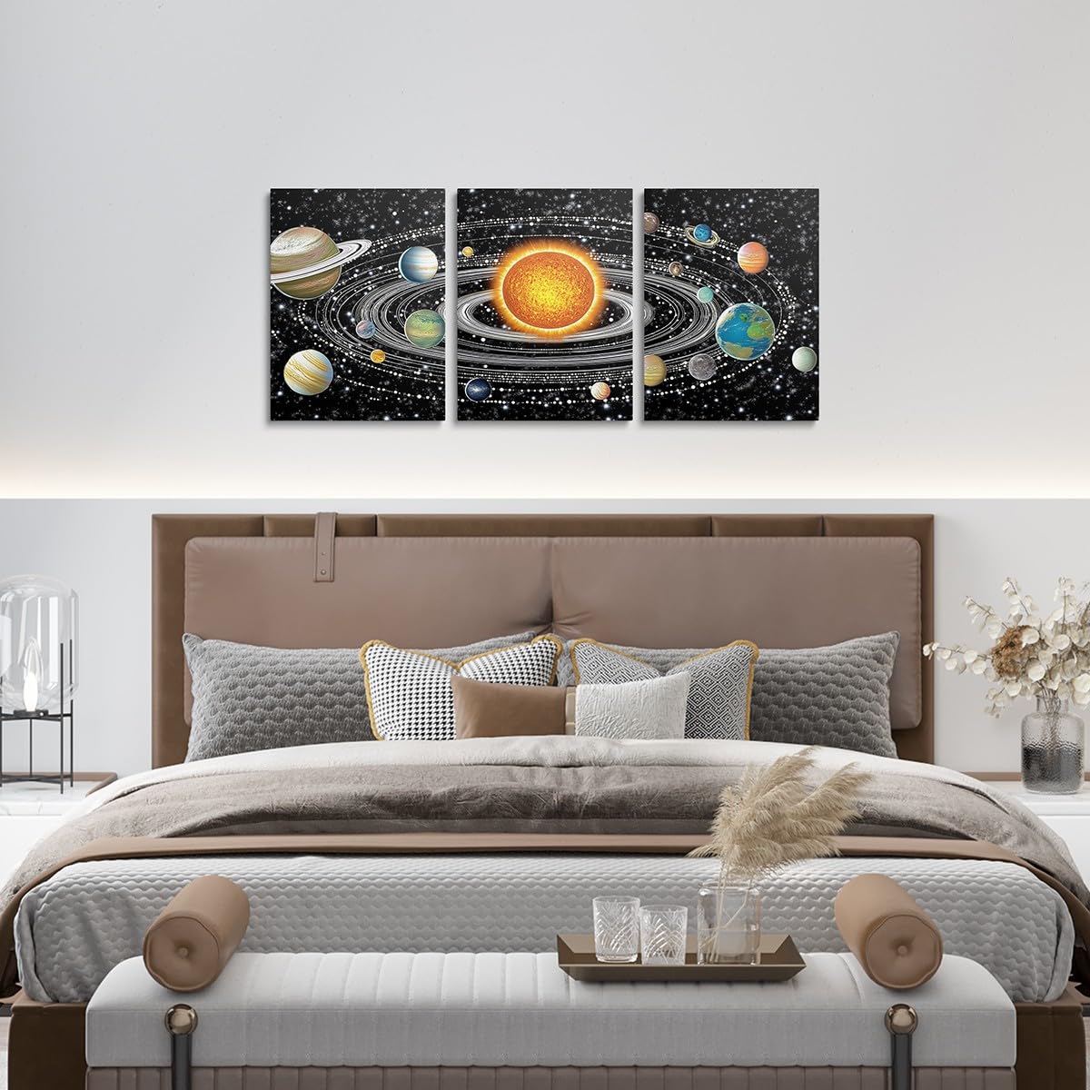 jejeloiu Solar System Canvas Wall Art for Living Room Bedroom 12"x16"x3pcs Universe Planets Picture Wall Decor for Bathroom Galaxy Star Trails Office Decorations Artwork Posters Outer Space Painting