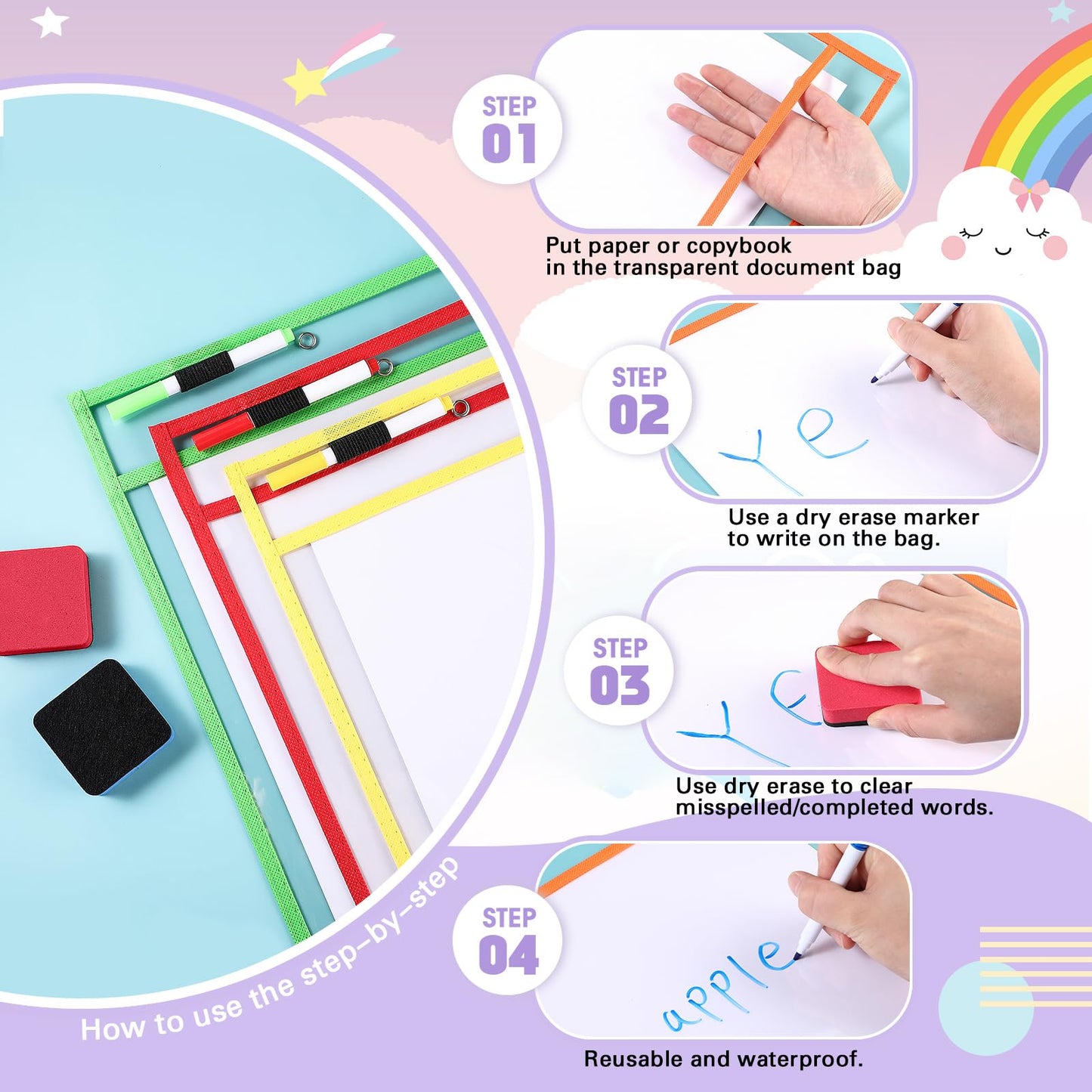 24 Pcs Dry Erase Pocket Reusable Sleeves 10" x 14" Clear Plastic Sheet Protectors with Markers and Mini Dry Erasers for Paper(Rainbow)