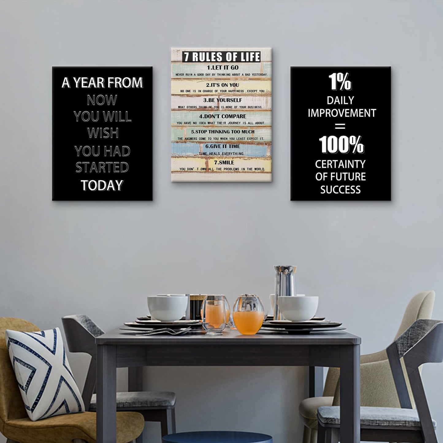 PSYYSP Motivational Wall Art 7 Rules of Life Canvas Print Framed Inspirational Quotes Poster for Office Home Gym Success Action Discipline Decor Modern Black White Artwork 36x16