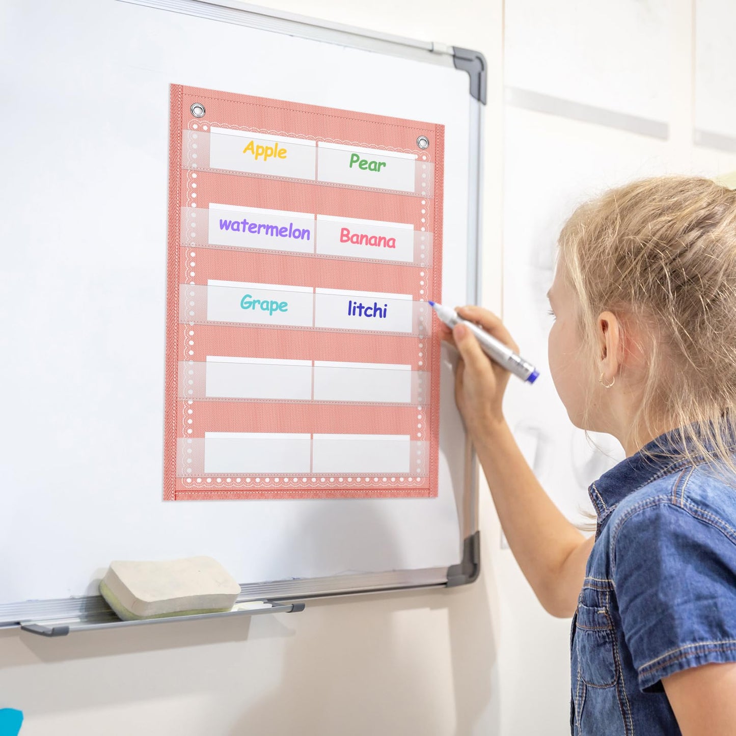 Gueevin 6 Set Magnetic Pocket Chart with 5 Clear Pockets and 30 Dry Erase Cards Painted Classroom Schedule Pocket Chart for Whiteboard Class Demonstrations(Macaron Color,Stripes Pattern)