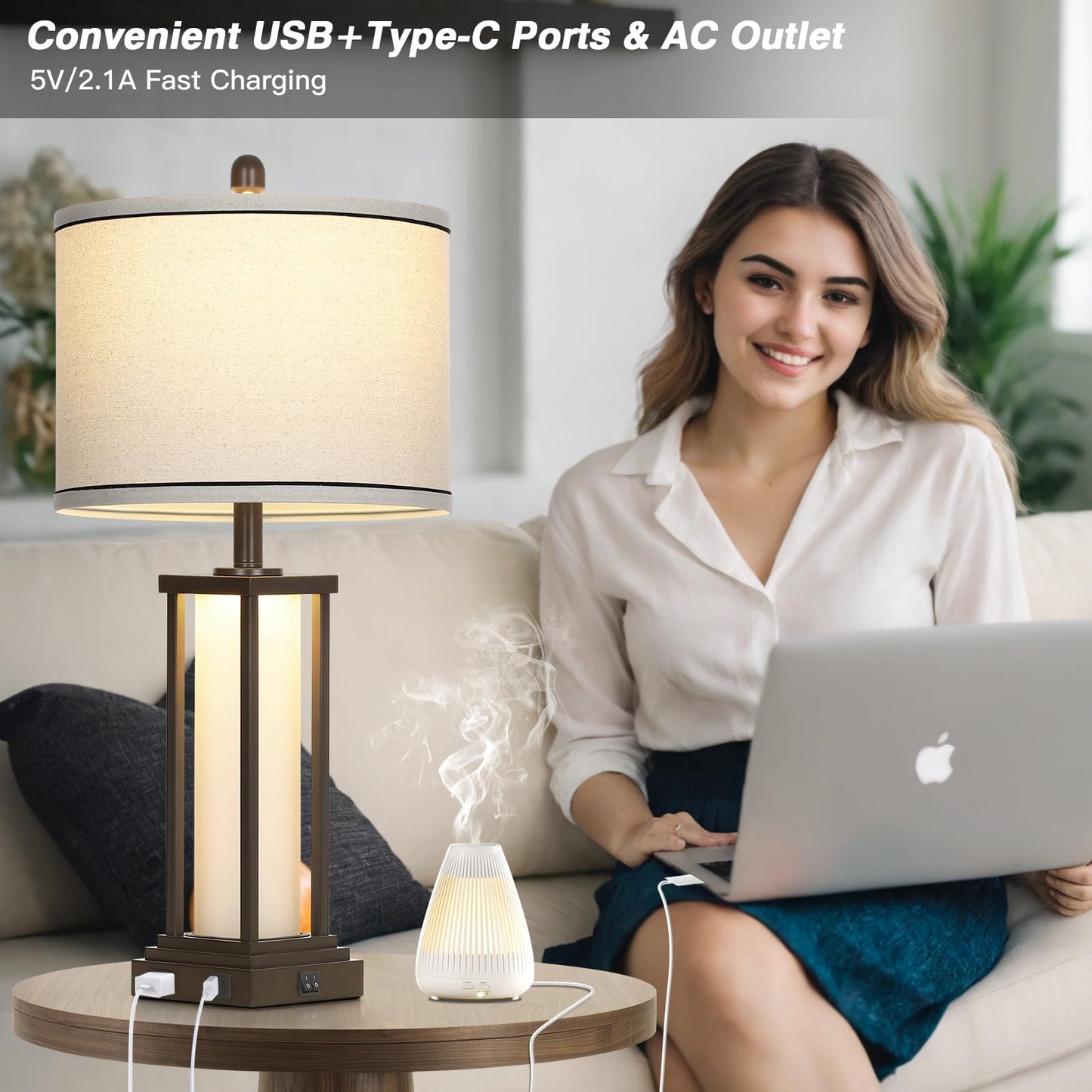 Cinkeda Vintage Table Lamps Set of 2, 27in Tall, Oil-Rubbed Bronze, USB & Outlet, Frosted Glass Night Light for Living Room and Bedroom
