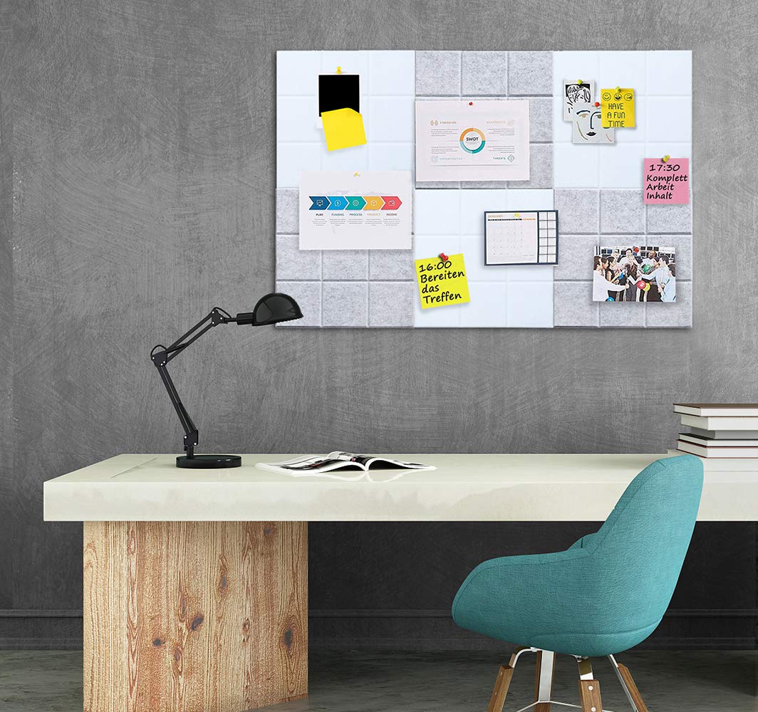 Uoisaiko Large Felt Board Tiles for Wall with 30 Push Pins, 11.8"x11.8" Pack of 6 Pin Board Notice Boards for Home Office Kitchen, Bulletin Board Wall Tiles for Photos Memos (Grey+White, 6 Pack)